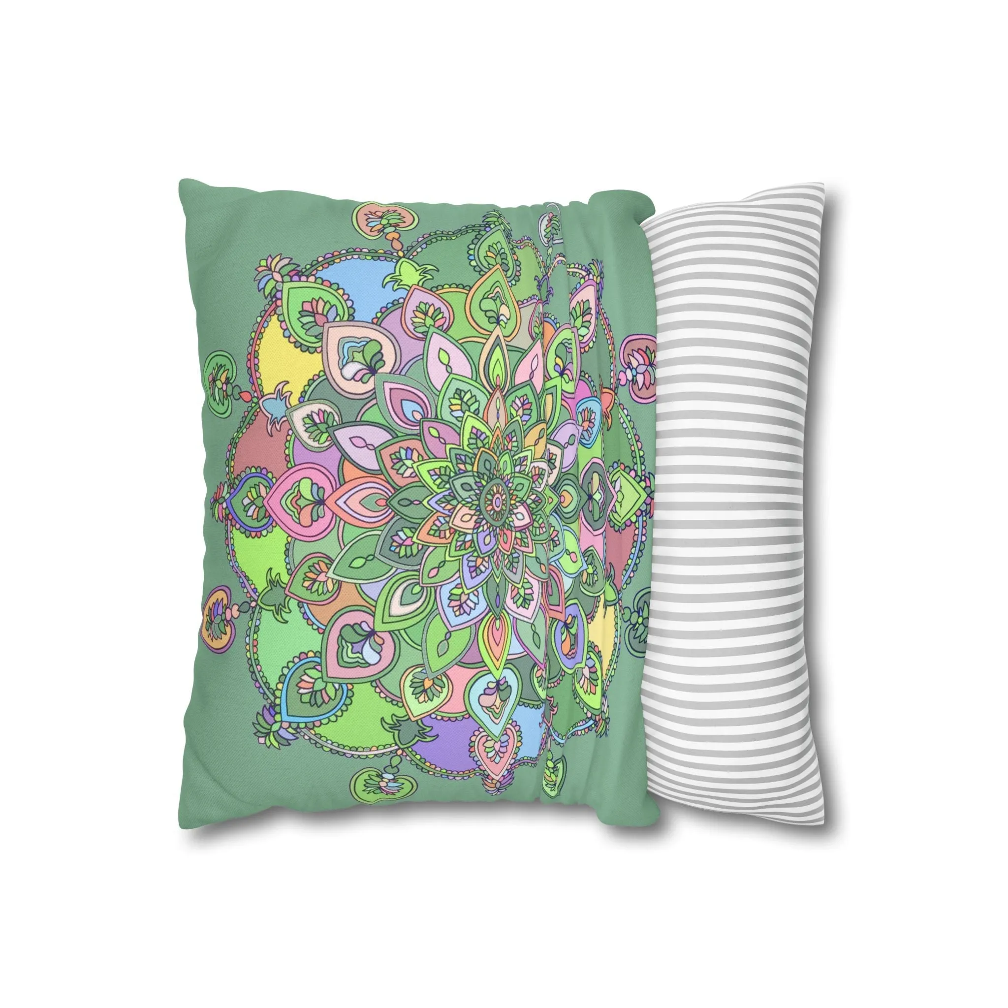 Handmade Mandala Art Pillowcase - Pastel Colors and Light Moss Green