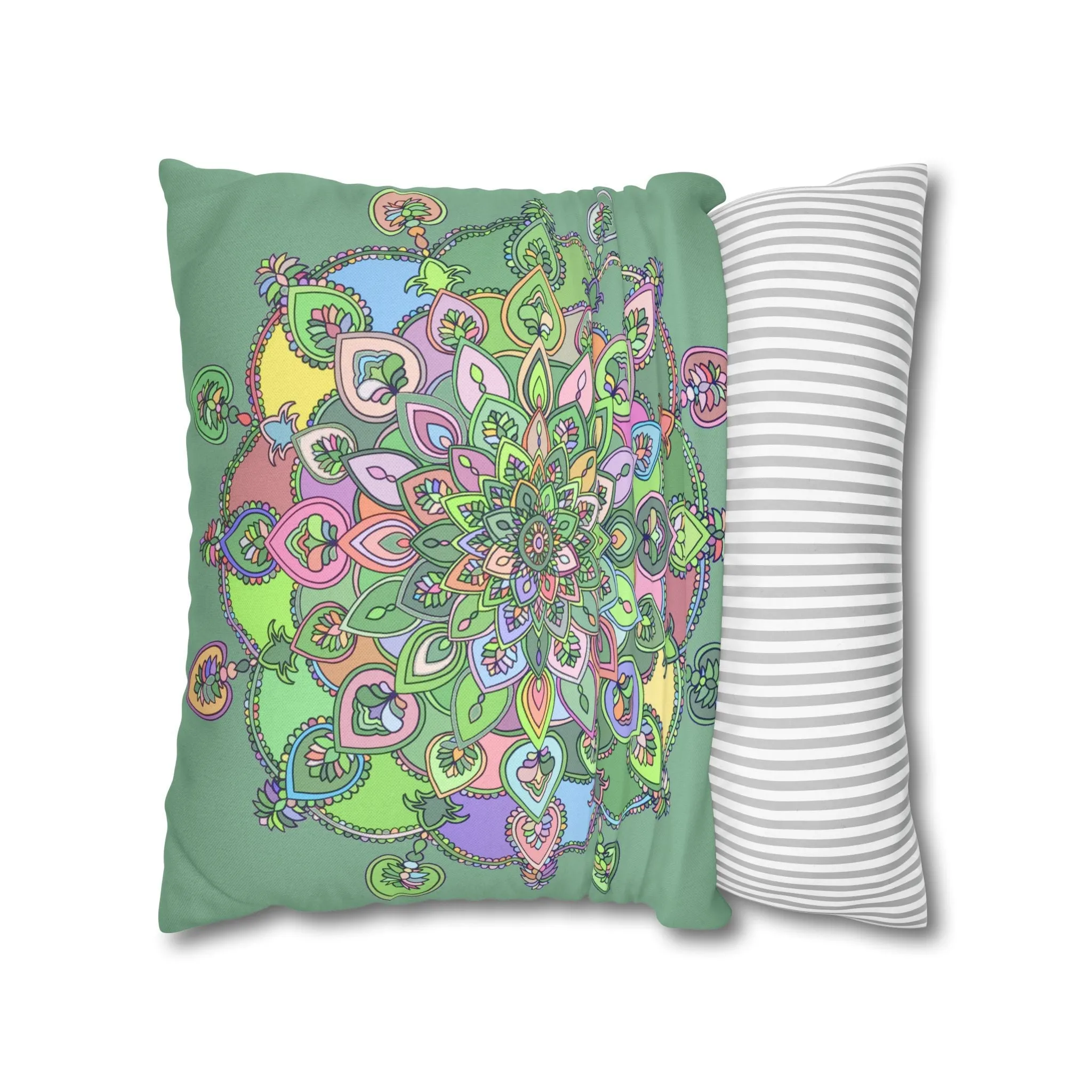 Handmade Mandala Art Pillowcase - Pastel Colors and Light Moss Green