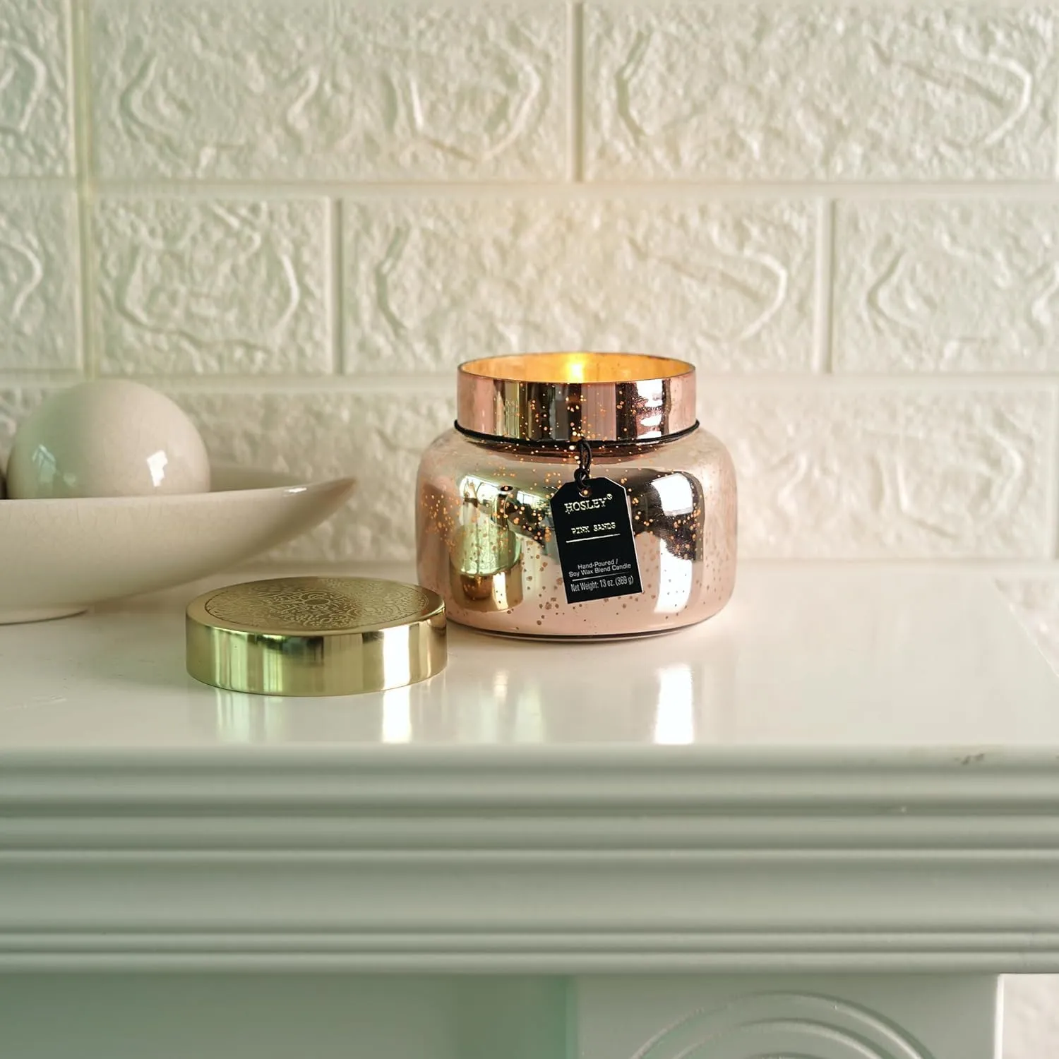 HOSLEY Pink Sand Fragrance Jar Candle with Metal Lid| Scented Rose Gold Glass Candle Perfect for Home Decor|70-75 Hours Burning Time| Long Lasting| Clean Burning Smokeless|Pack of 1 (13 Oz Wax)