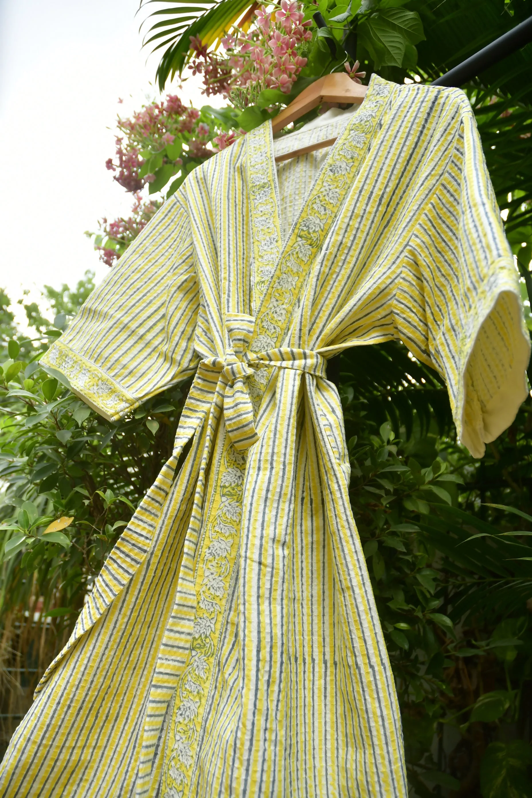 Lemon Yellow Stripe HandBlock Waffle Cotton Bathrobe | Luxurious Comfort