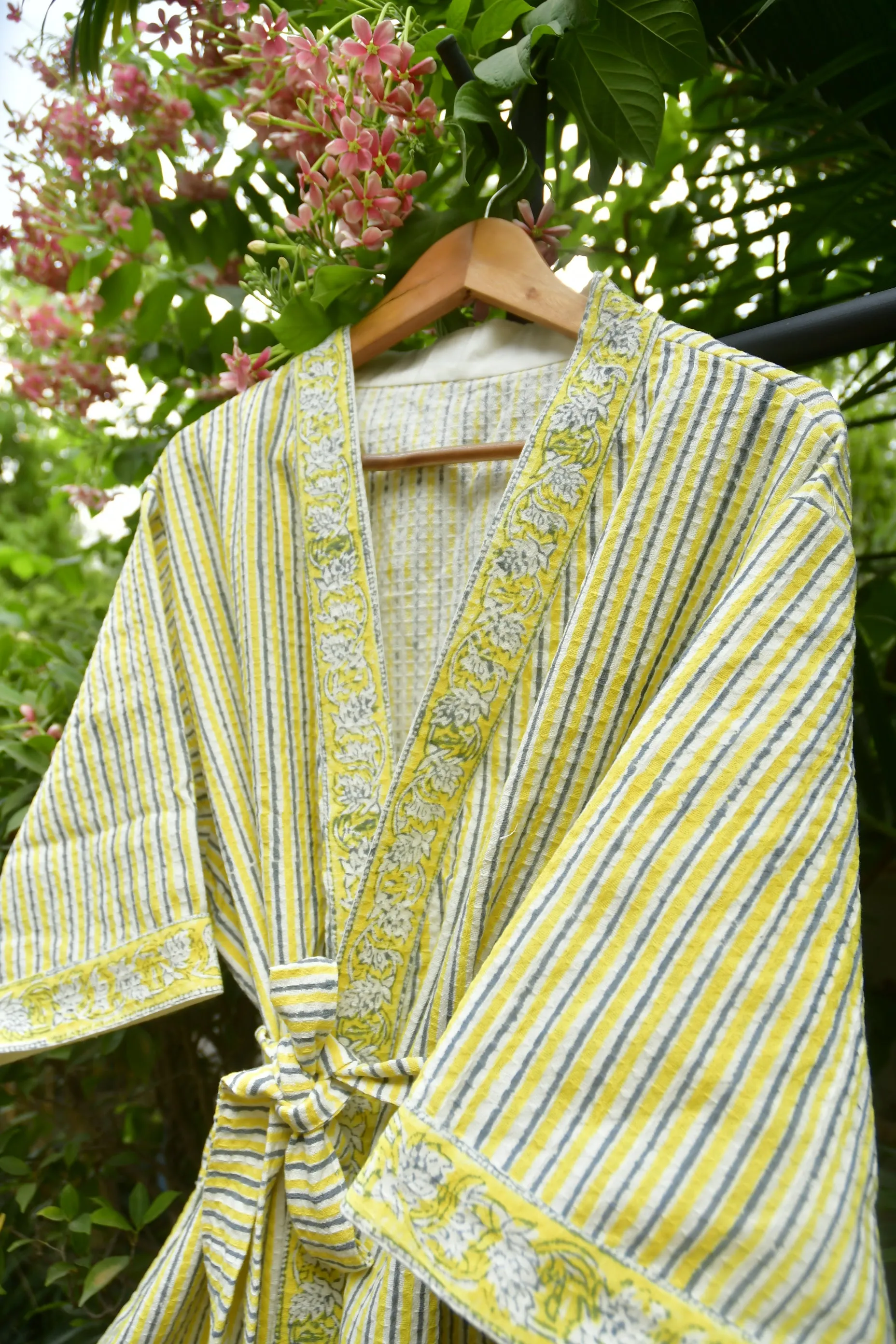 Lemon Yellow Stripe HandBlock Waffle Cotton Bathrobe | Luxurious Comfort