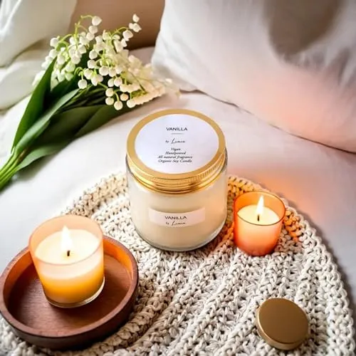 LUMIA Set of 2 Organic Scented Soy Wax Round Tablets | 1 Scented Soy Wax Candle | Aromatherapy| Perfect Home Gift| Eco-Friendly| Vegan | Non-Toxic | 1 Rose & Lemongrass Tablet   1 Vanilla Candle