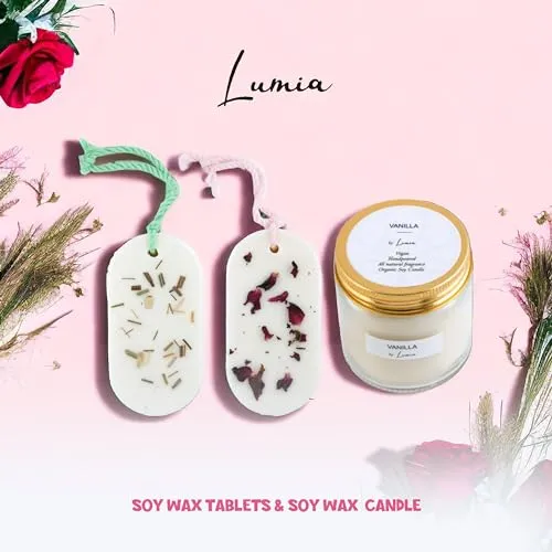 LUMIA Set of 2 Organic Scented Soy Wax Round Tablets | 1 Scented Soy Wax Candle | Aromatherapy| Perfect Home Gift| Eco-Friendly| Vegan | Non-Toxic | 1 Rose & Lemongrass Tablet   1 Vanilla Candle