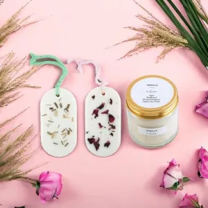 LUMIA Set of 2 Organic Scented Soy Wax Round Tablets | 1 Scented Soy Wax Candle | Aromatherapy| Perfect Home Gift| Eco-Friendly| Vegan | Non-Toxic | 1 Rose & Lemongrass Tablet   1 Vanilla Candle