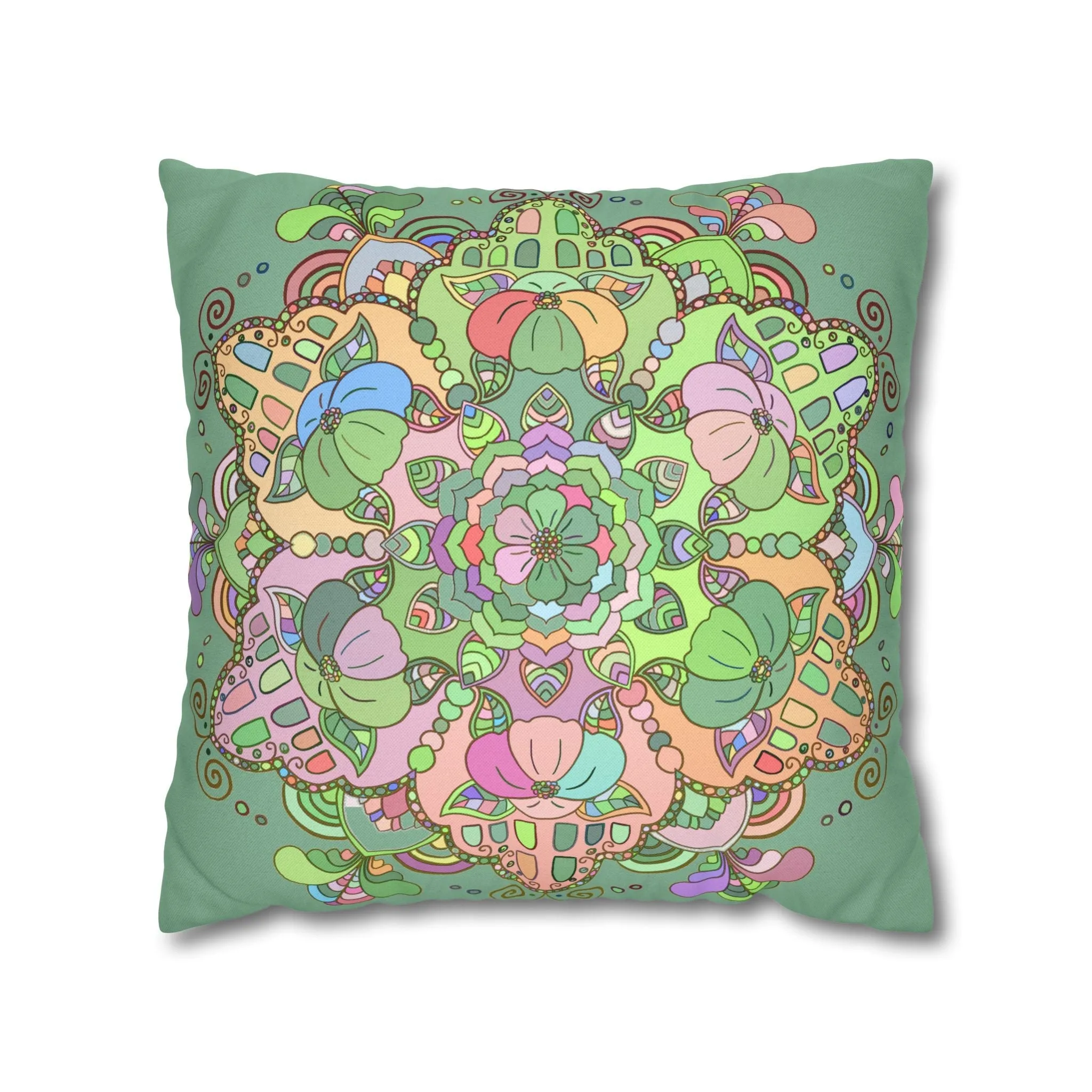 Mandala Art Pillowcase - Hand-drawn Design - Pastel Colors, Light Moss Green