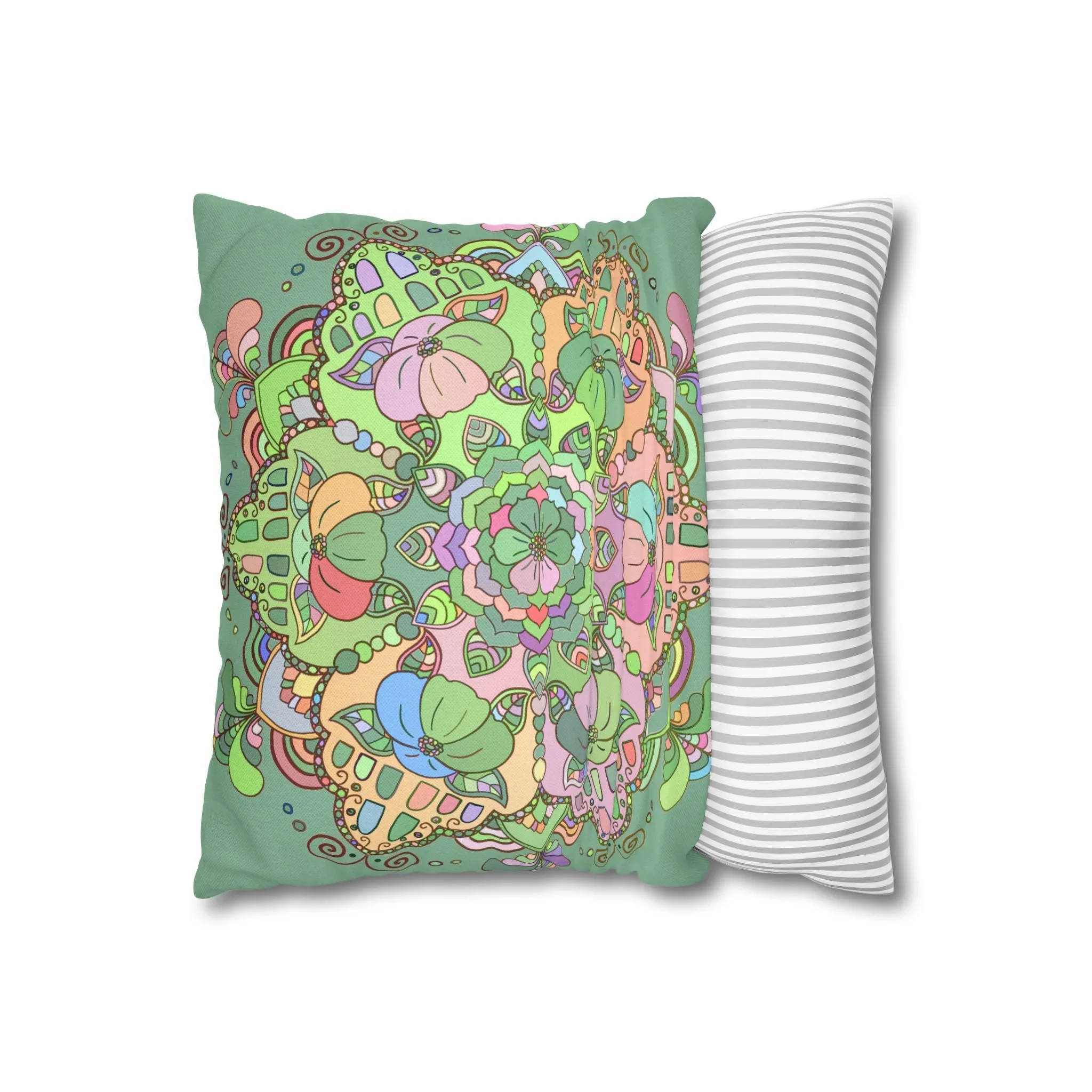 Mandala Art Pillowcase - Hand-drawn Design - Pastel Colors, Light Moss Green