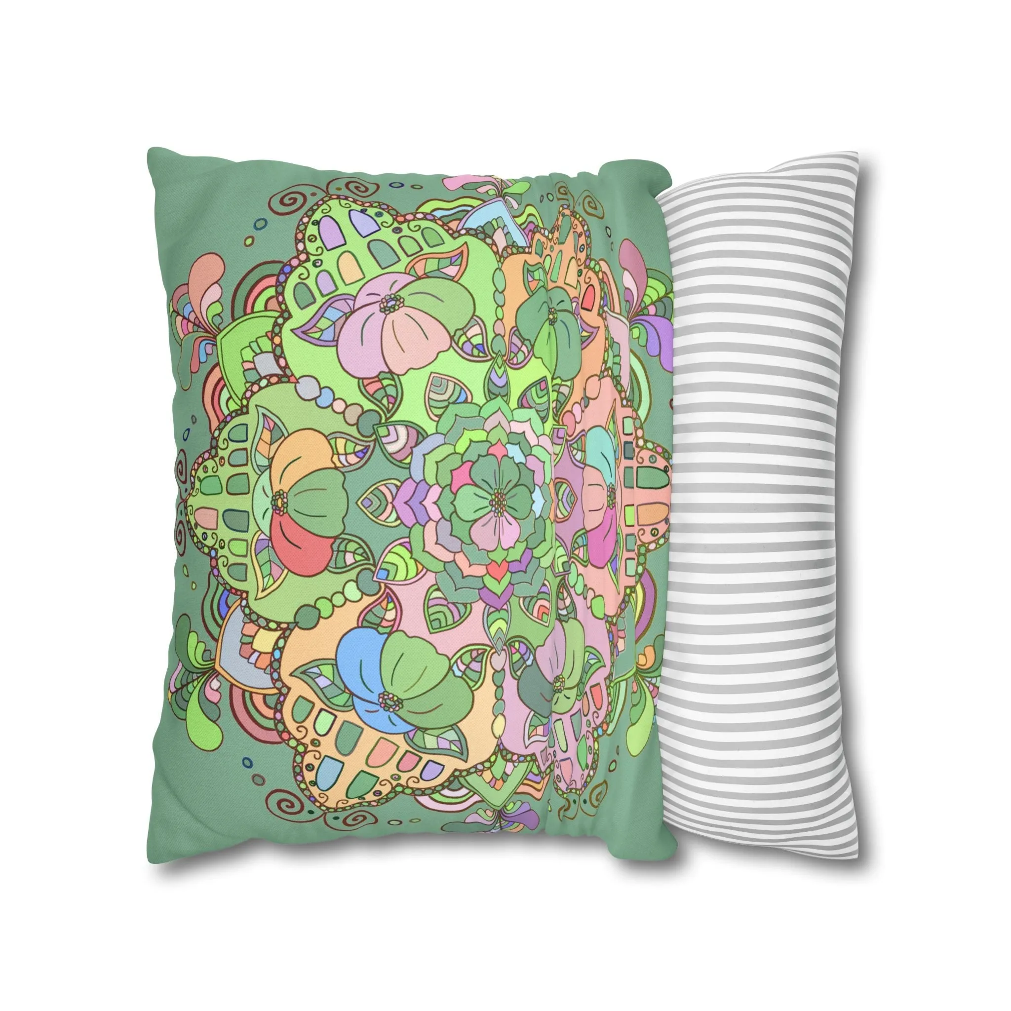 Mandala Art Pillowcase - Hand-drawn Design - Pastel Colors, Light Moss Green