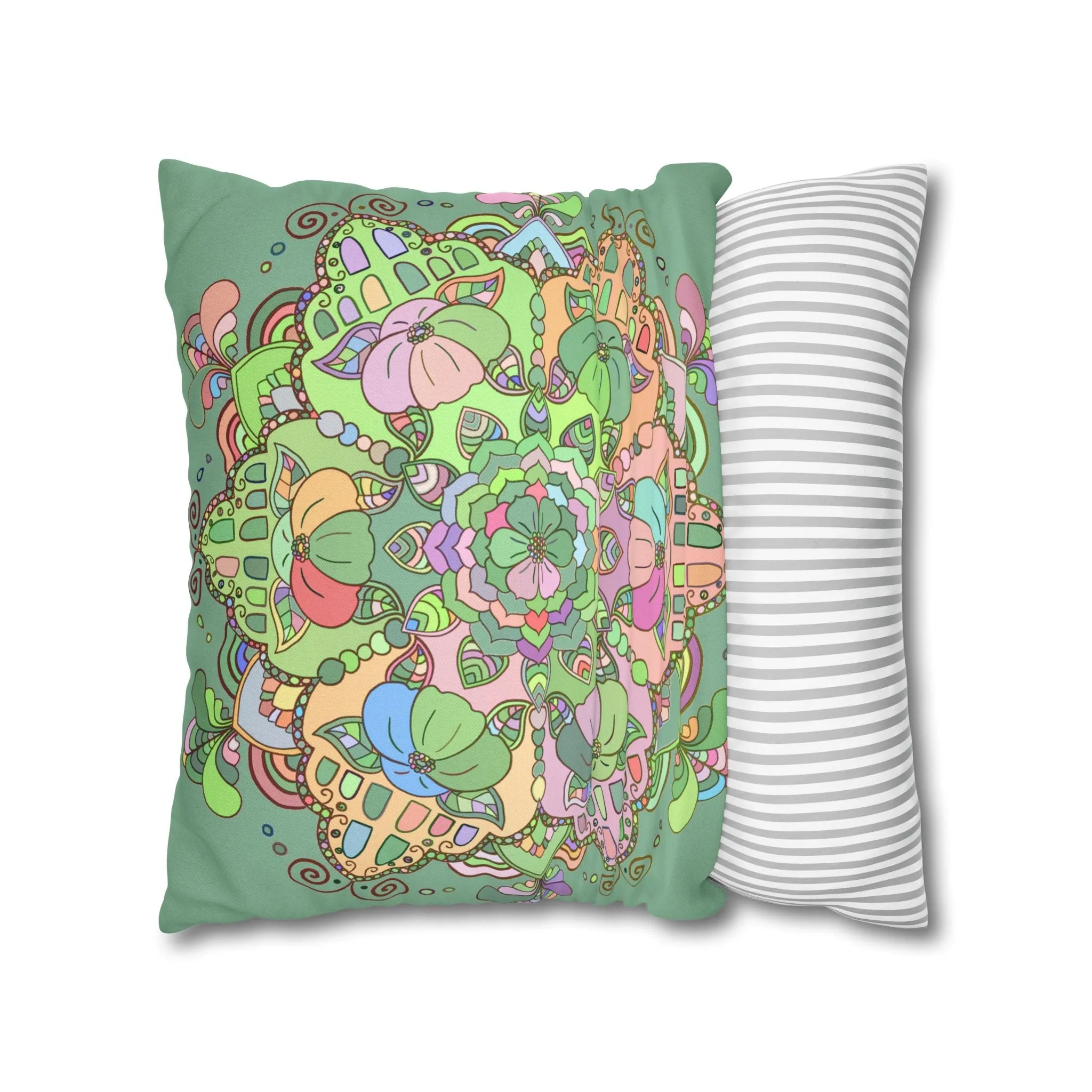 Mandala Art Pillowcase - Hand-drawn Design - Pastel Colors, Light Moss Green