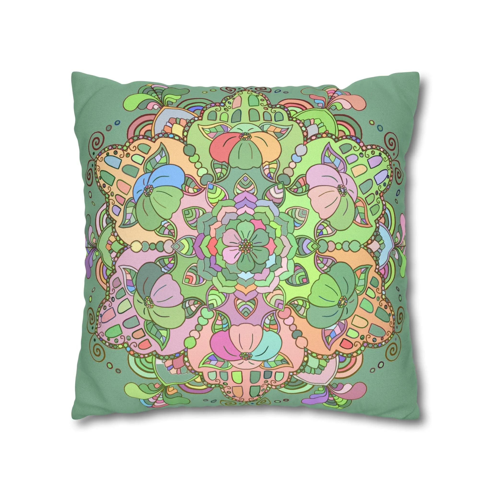 Mandala Art Pillowcase - Hand-drawn Design - Pastel Colors, Light Moss Green