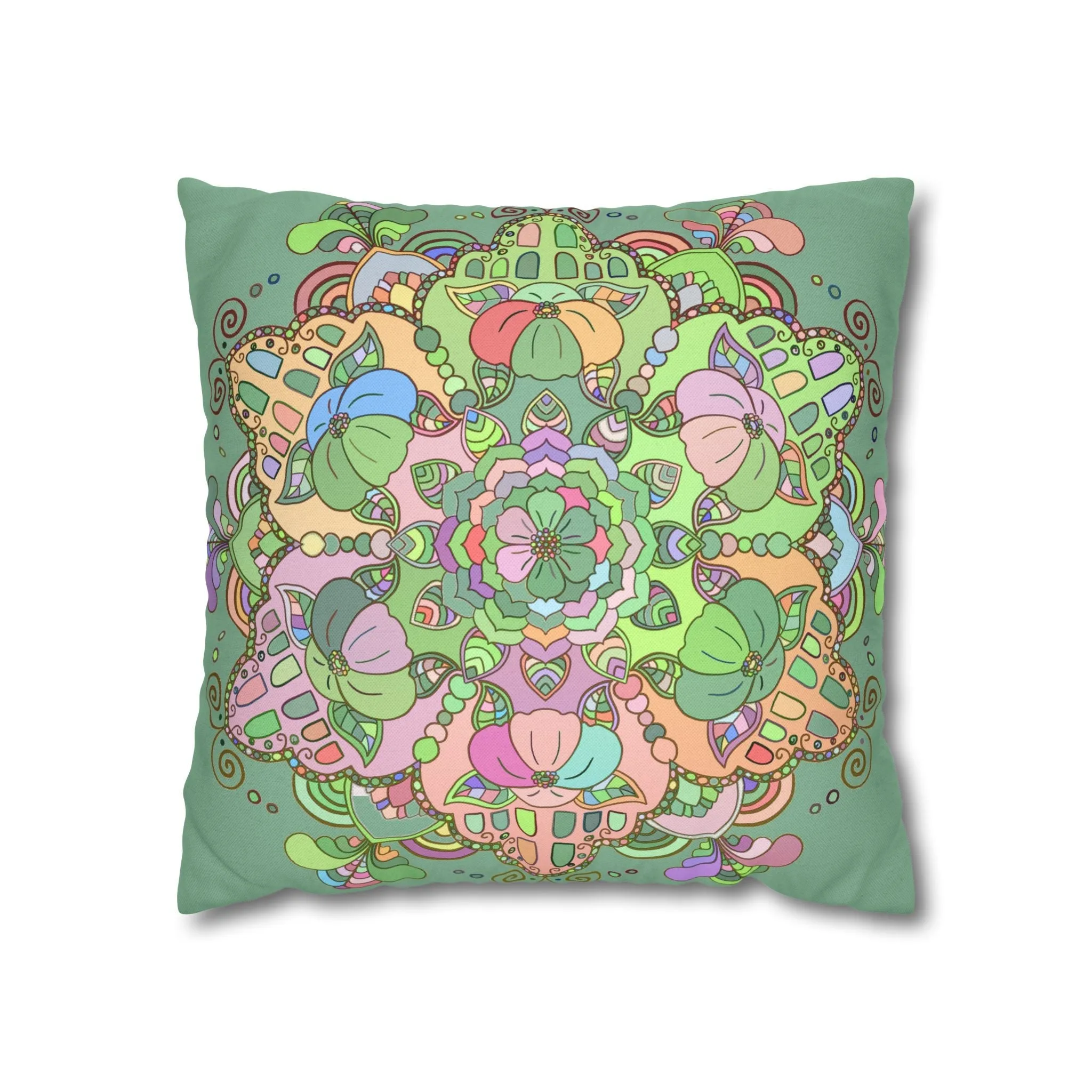Mandala Art Pillowcase - Hand-drawn Design - Pastel Colors, Light Moss Green