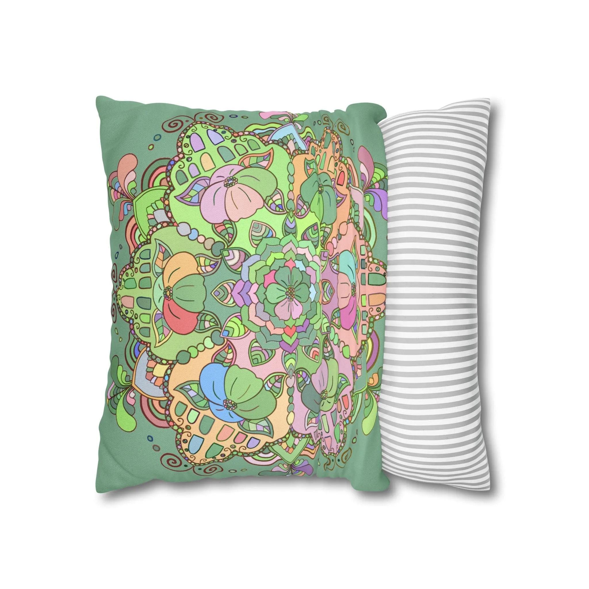 Mandala Art Pillowcase - Hand-drawn Design - Pastel Colors, Light Moss Green