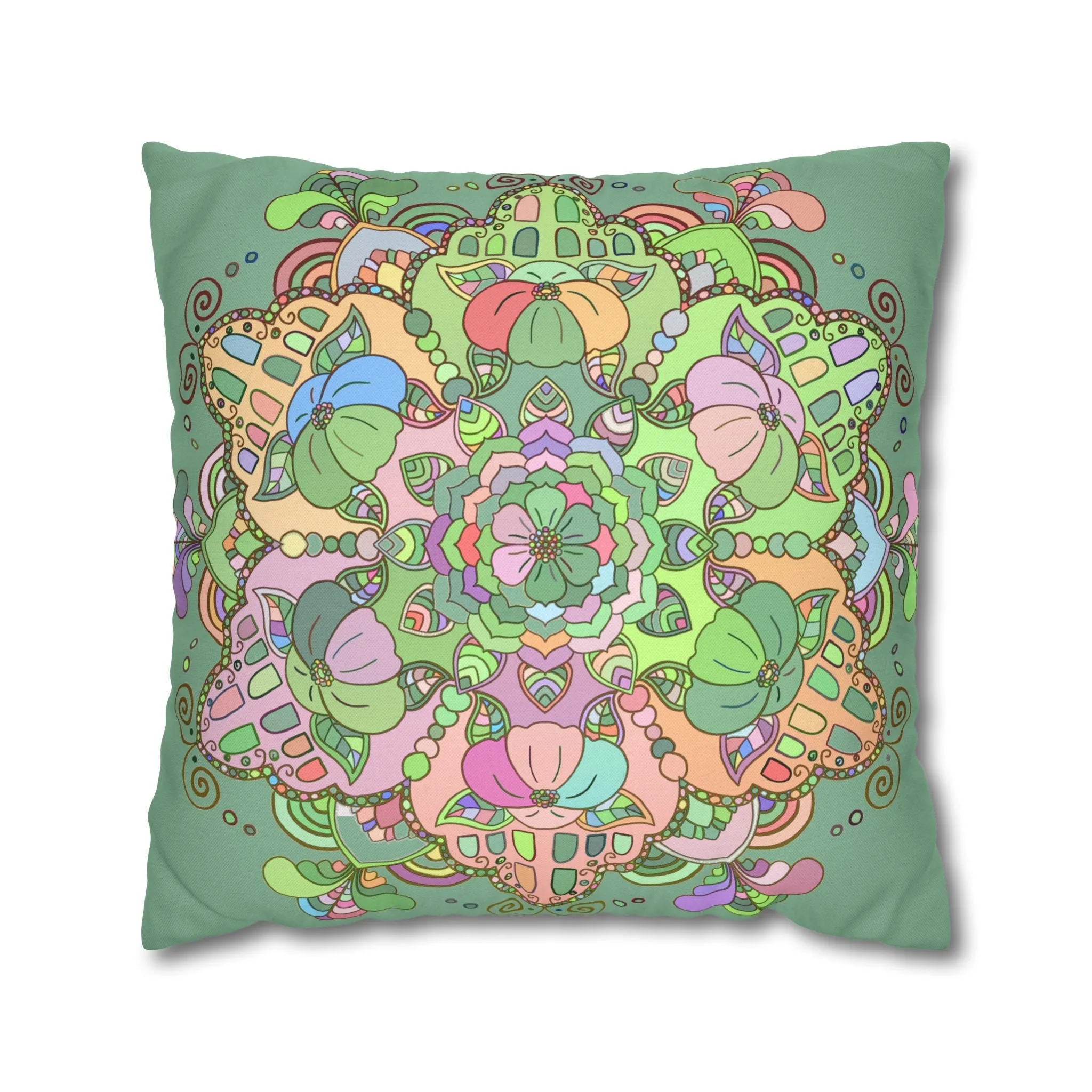 Mandala Art Pillowcase - Hand-drawn Design - Pastel Colors, Light Moss Green