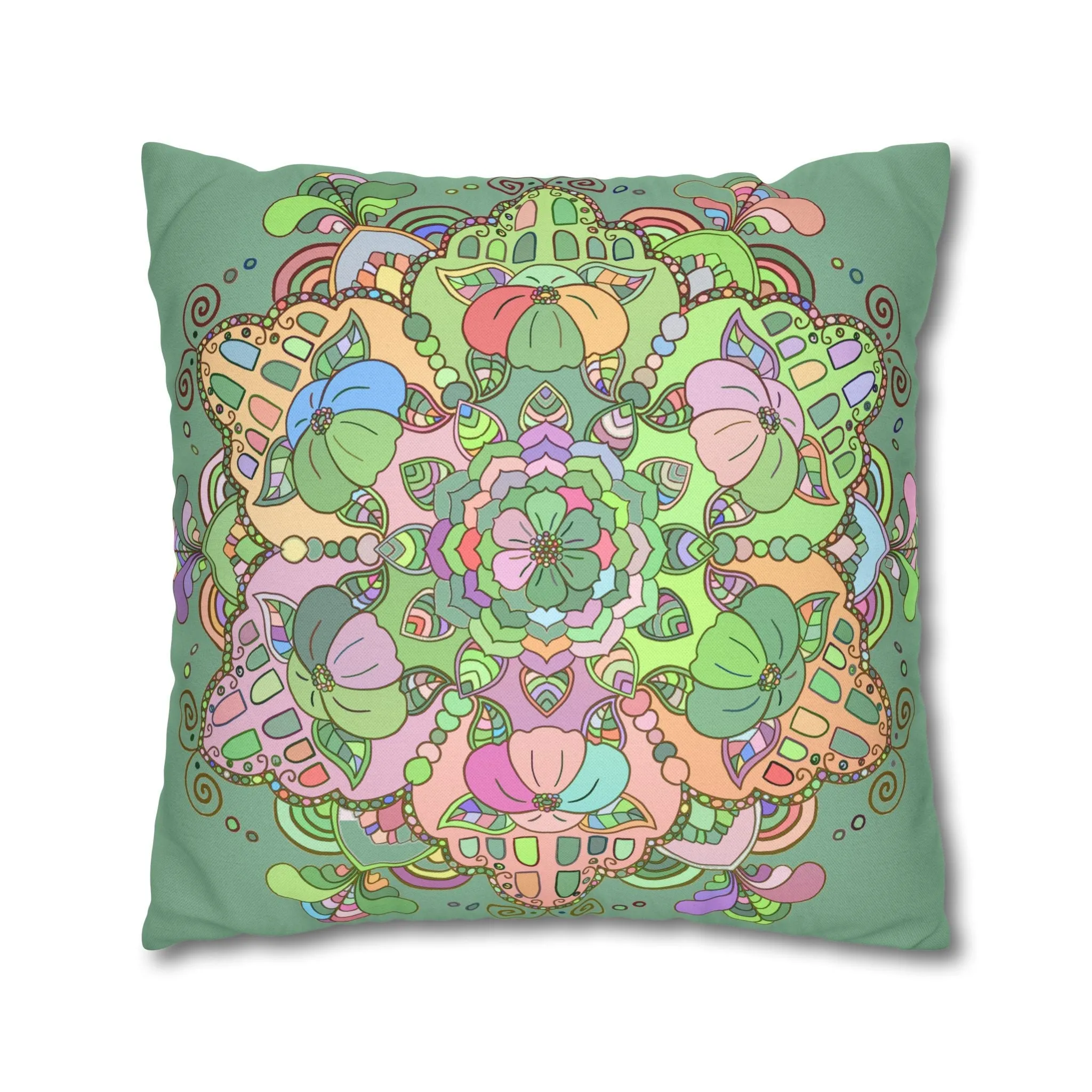 Mandala Art Pillowcase - Hand-drawn Design - Pastel Colors, Light Moss Green