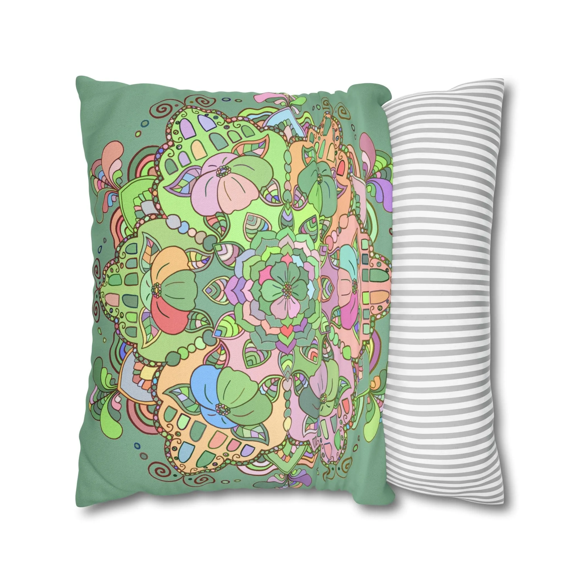 Mandala Art Pillowcase - Hand-drawn Design - Pastel Colors, Light Moss Green