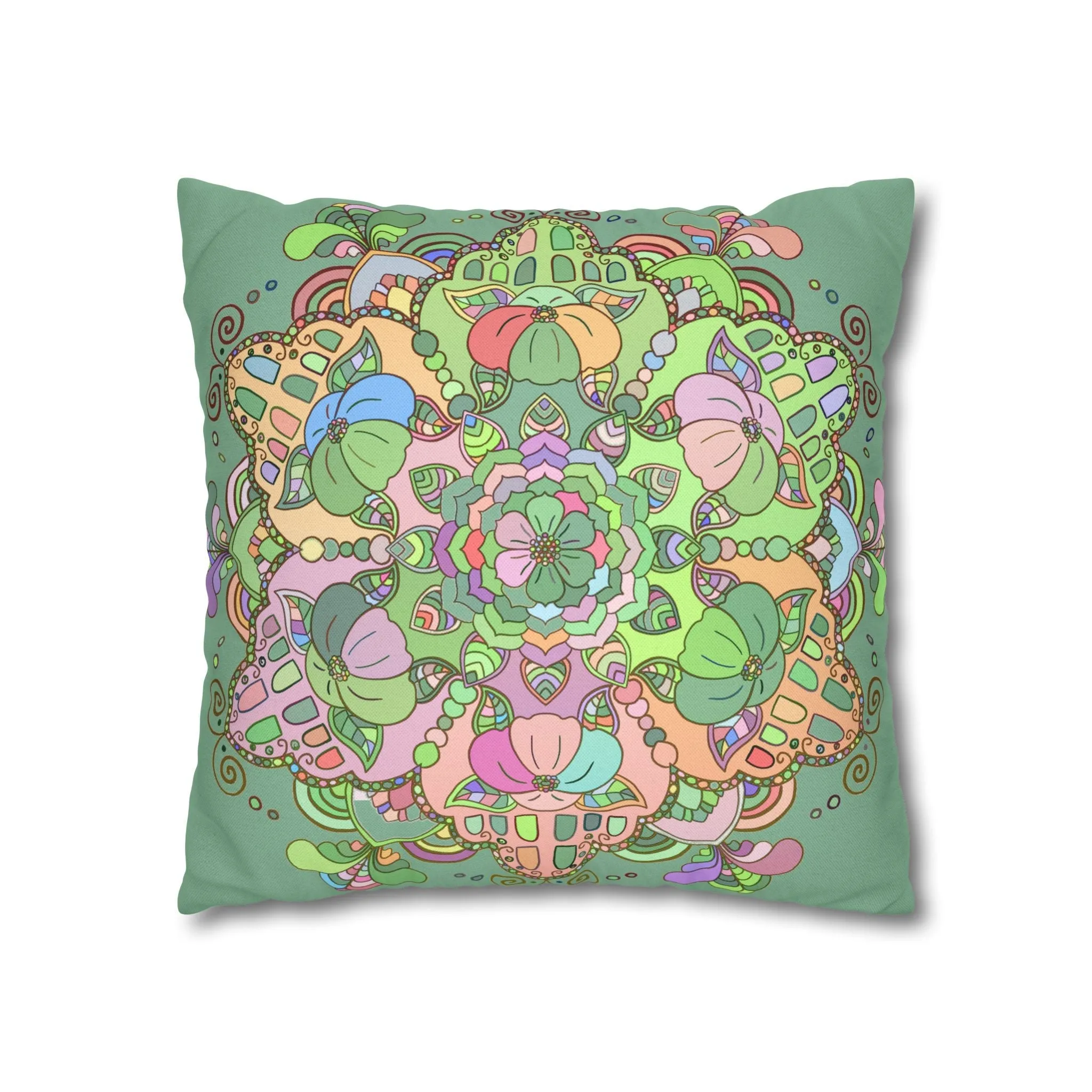 Mandala Art Pillowcase - Hand-drawn Design - Pastel Colors, Light Moss Green
