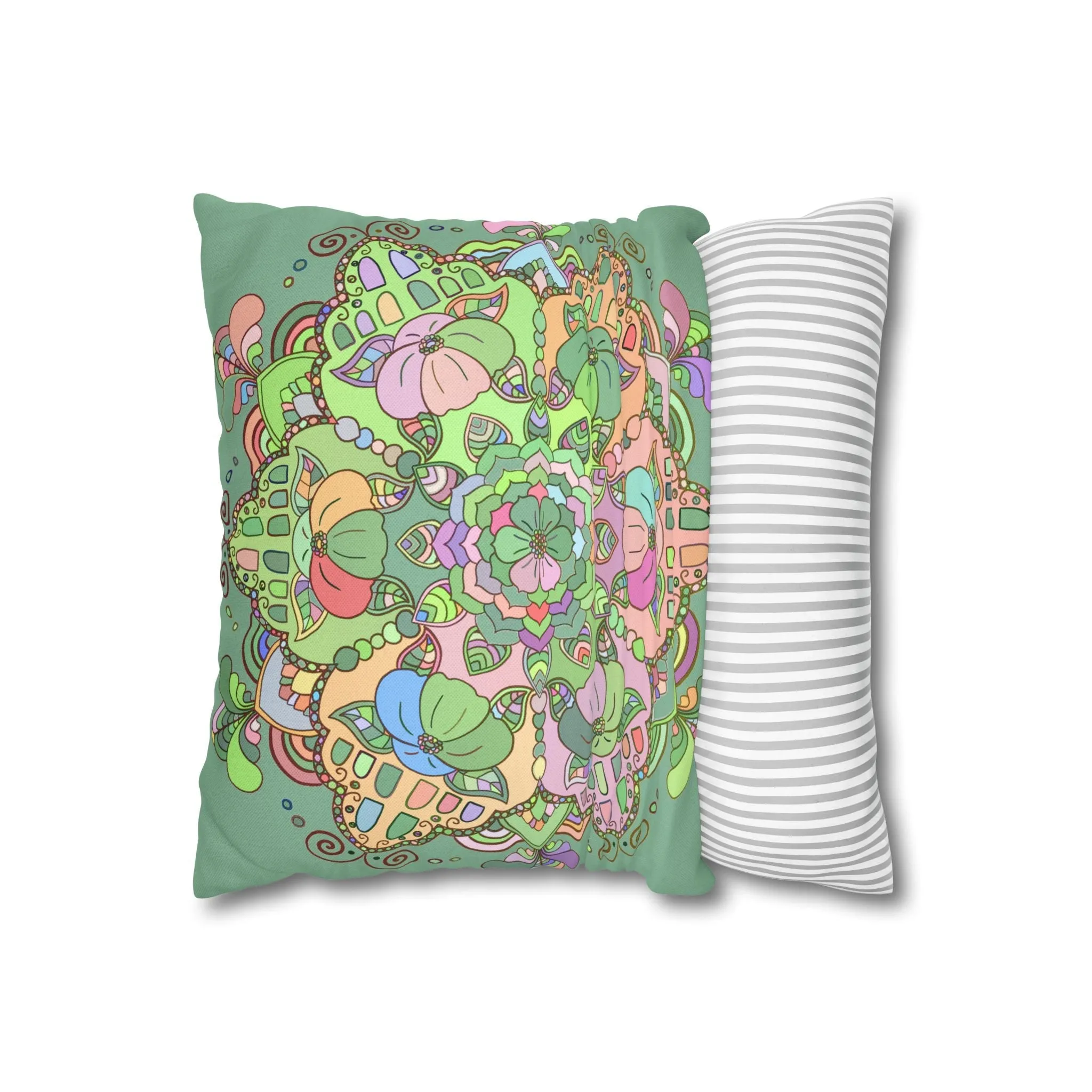 Mandala Art Pillowcase - Hand-drawn Design - Pastel Colors, Light Moss Green