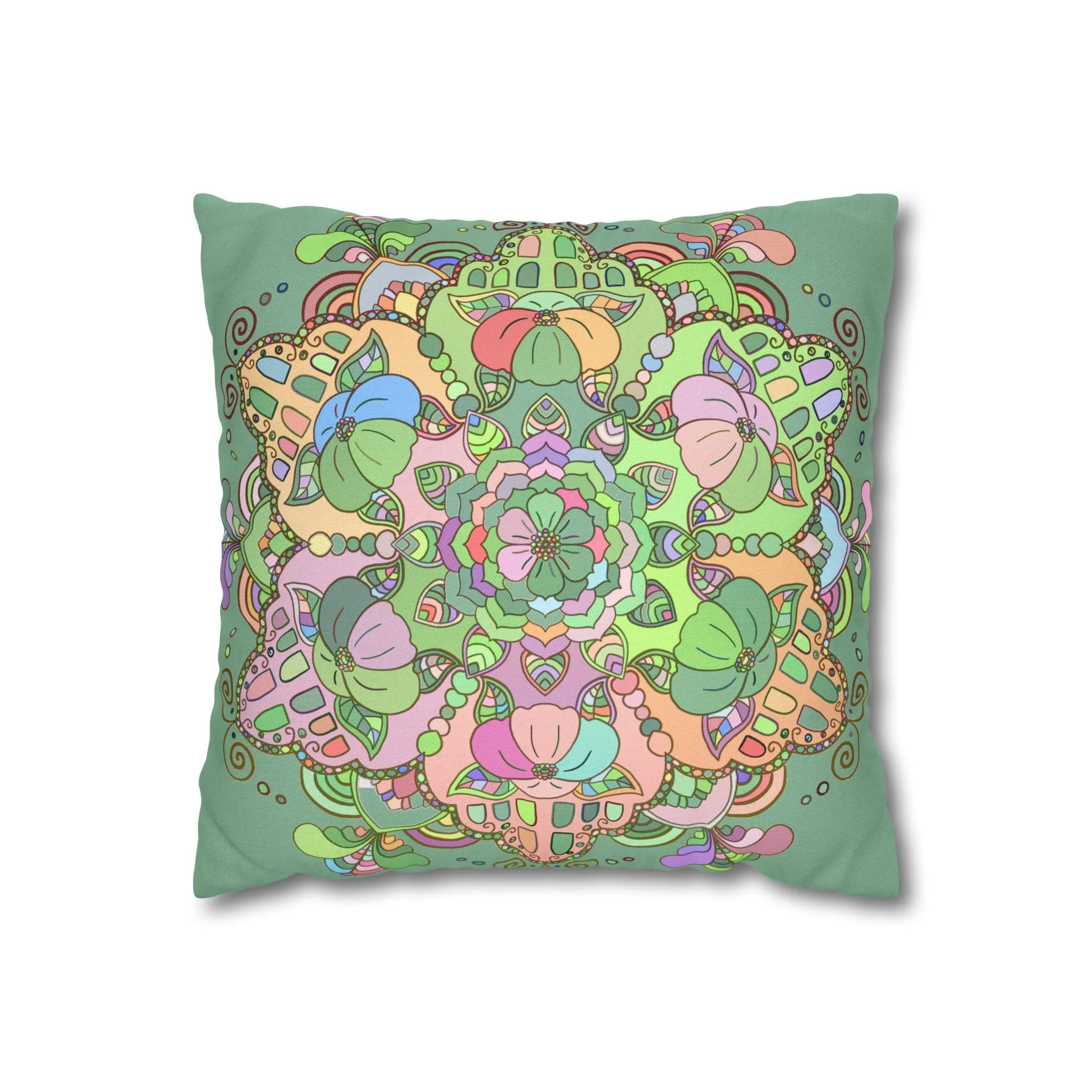 Mandala Art Pillowcase - Hand-drawn Design - Pastel Colors, Light Moss Green