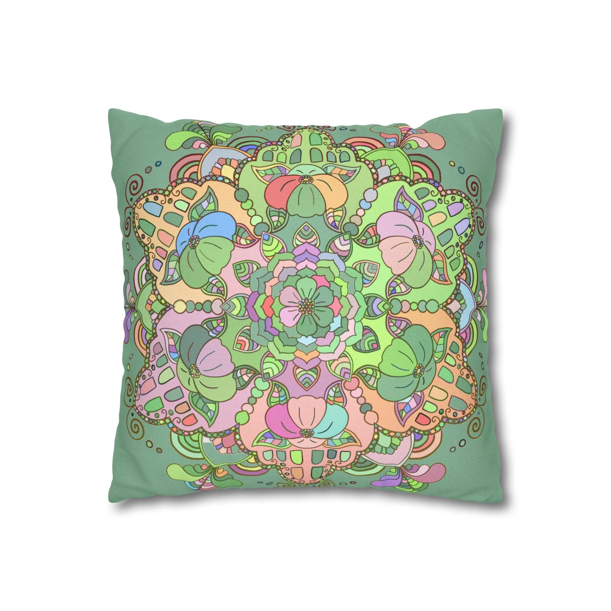 Mandala Art Pillowcase - Hand-drawn Design - Pastel Colors, Light Moss Green
