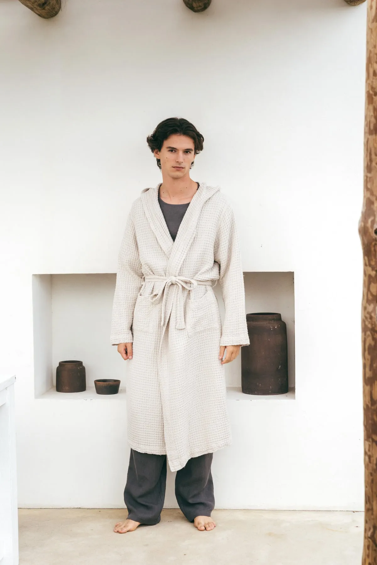 Men's Hooded Waffle Linen Bathrobe