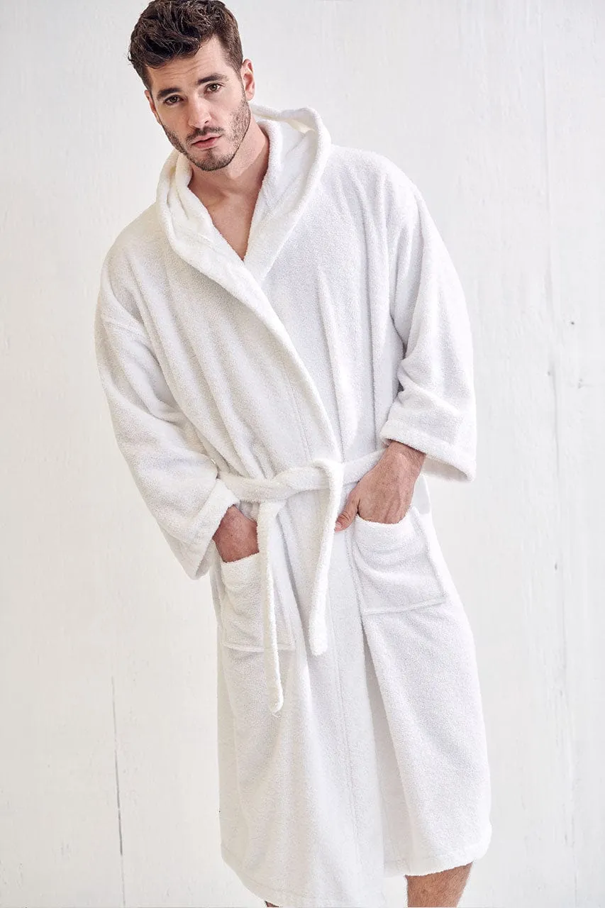 Men's Terry Cloth Cotton Turkish Hooded Bathrobe, Luxury Soft, Fast Dry & Comfort, (White)