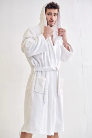 Men's Terry Cloth Cotton Turkish Hooded Bathrobe, Luxury Soft, Fast Dry & Comfort, (White)