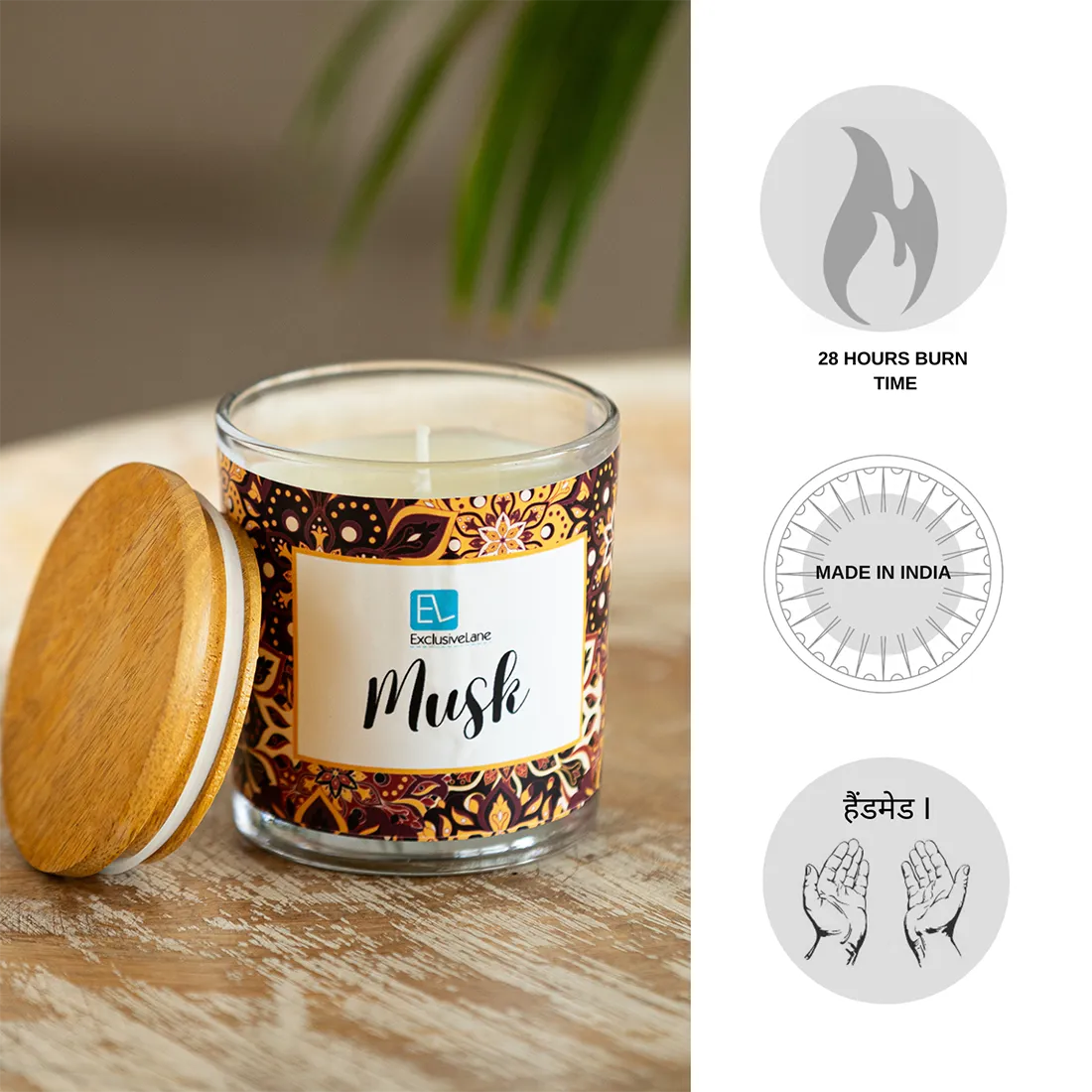 Musk' Handmade Wax Jar Scented Candle (28 Hours Burn Time, Soy Blend, Reusable Jar)