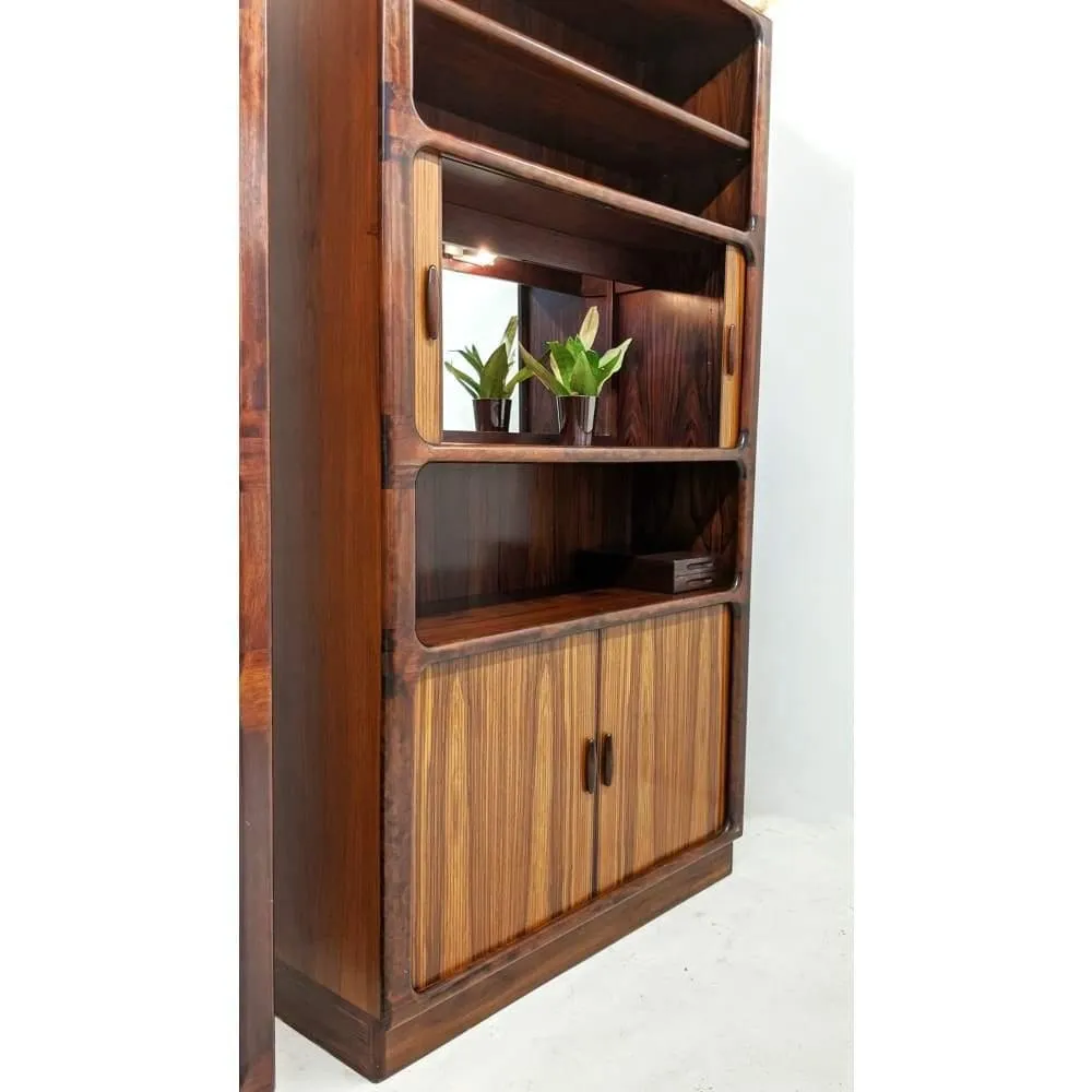 Pair Of Dyrlund Rosewood Wall Units With Teak Tambour Door Display Cabinet Bookcases. C.1960