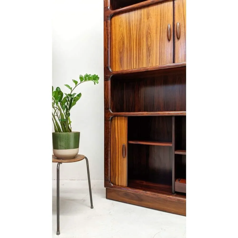Pair Of Dyrlund Rosewood Wall Units With Teak Tambour Door Display Cabinet Bookcases. C.1960