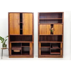 Pair Of Dyrlund Rosewood Wall Units With Teak Tambour Door Display Cabinet Bookcases. C.1960