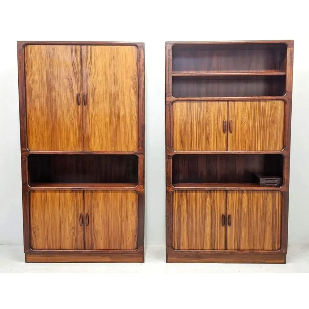 Pair Of Dyrlund Rosewood Wall Units With Teak Tambour Door Display Cabinet Bookcases. C.1960