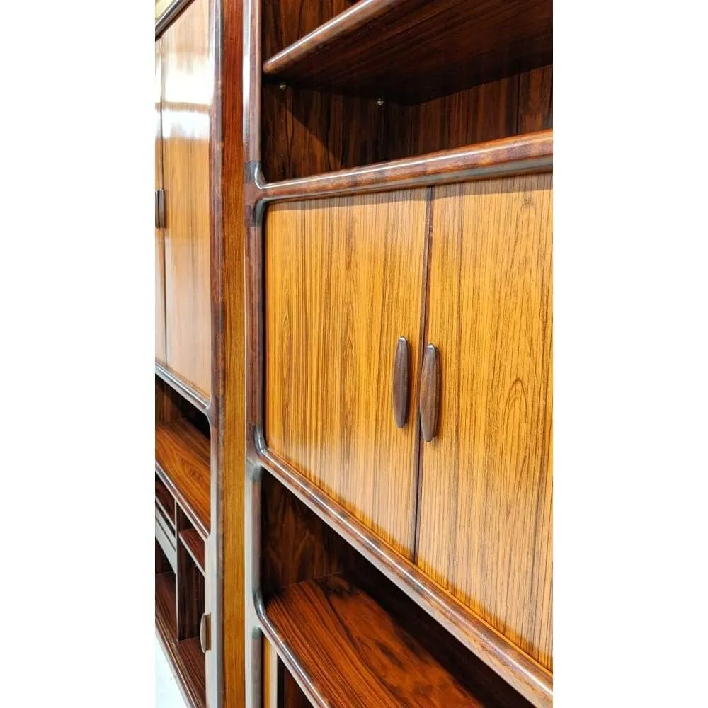 Pair Of Dyrlund Rosewood Wall Units With Teak Tambour Door Display Cabinet Bookcases. C.1960