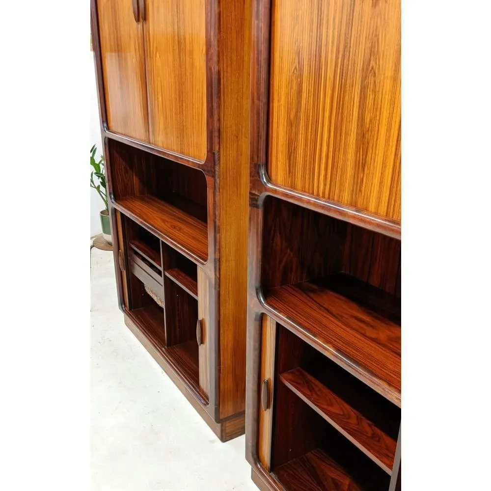 Pair Of Dyrlund Rosewood Wall Units With Teak Tambour Door Display Cabinet Bookcases. C.1960
