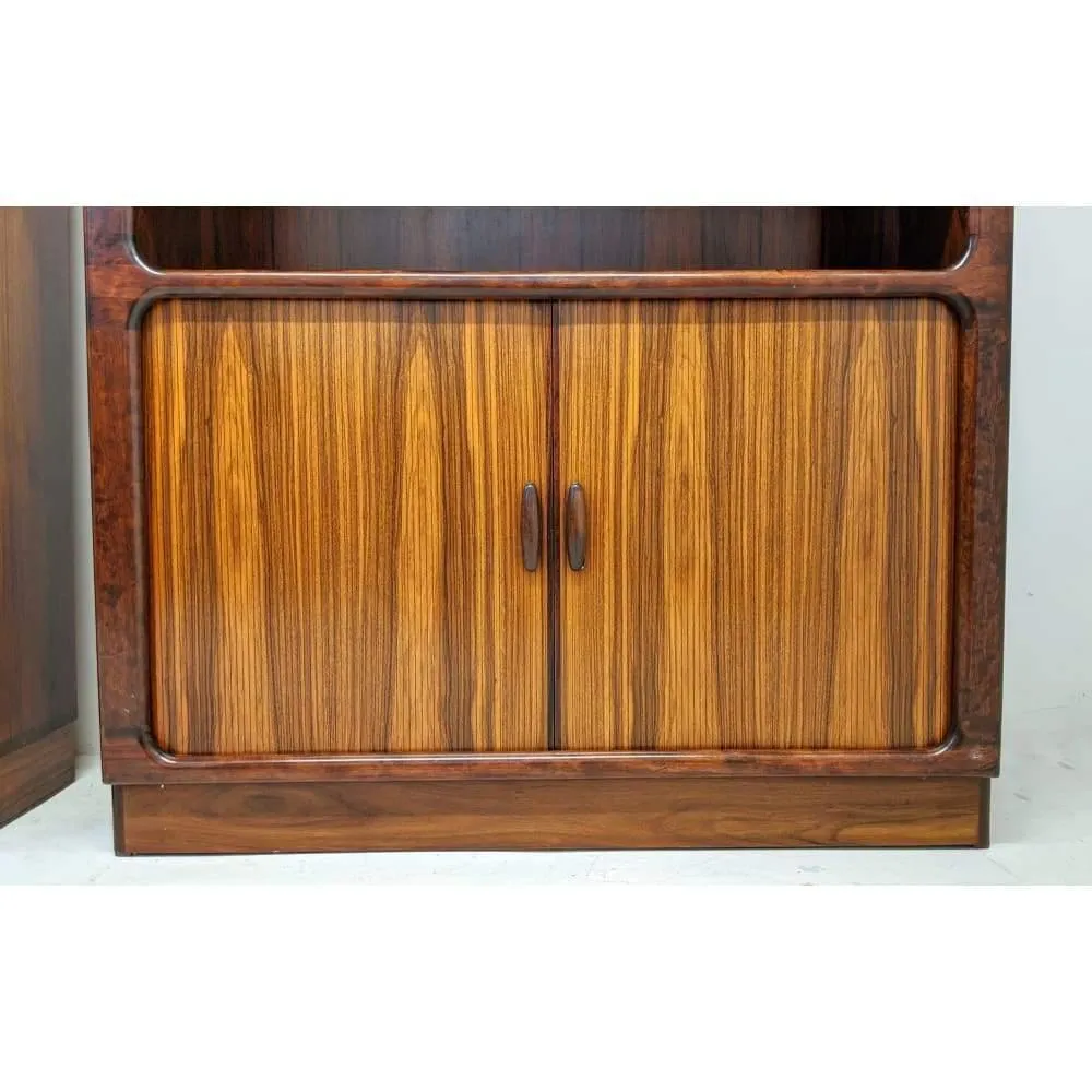 Pair Of Dyrlund Rosewood Wall Units With Teak Tambour Door Display Cabinet Bookcases. C.1960