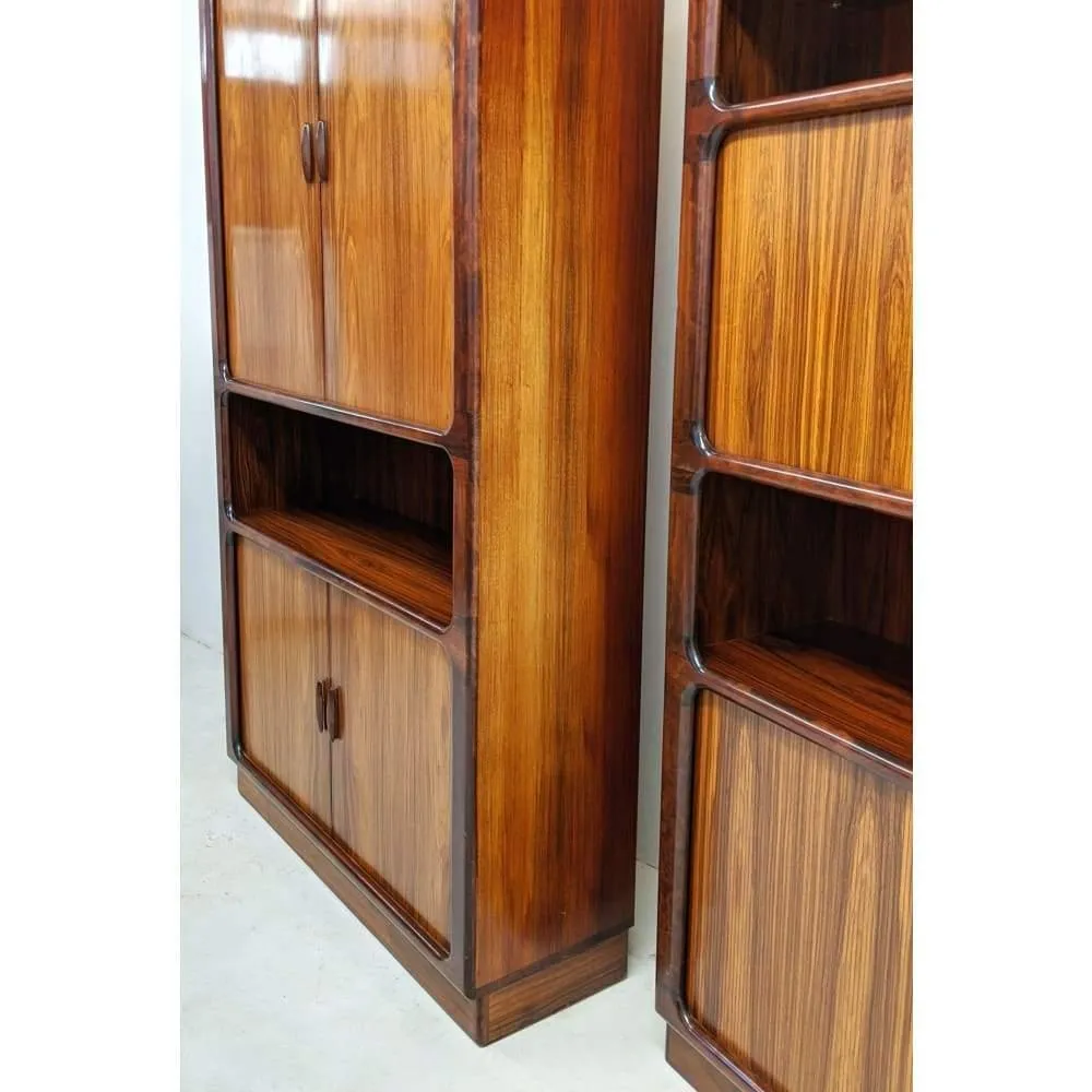 Pair Of Dyrlund Rosewood Wall Units With Teak Tambour Door Display Cabinet Bookcases. C.1960