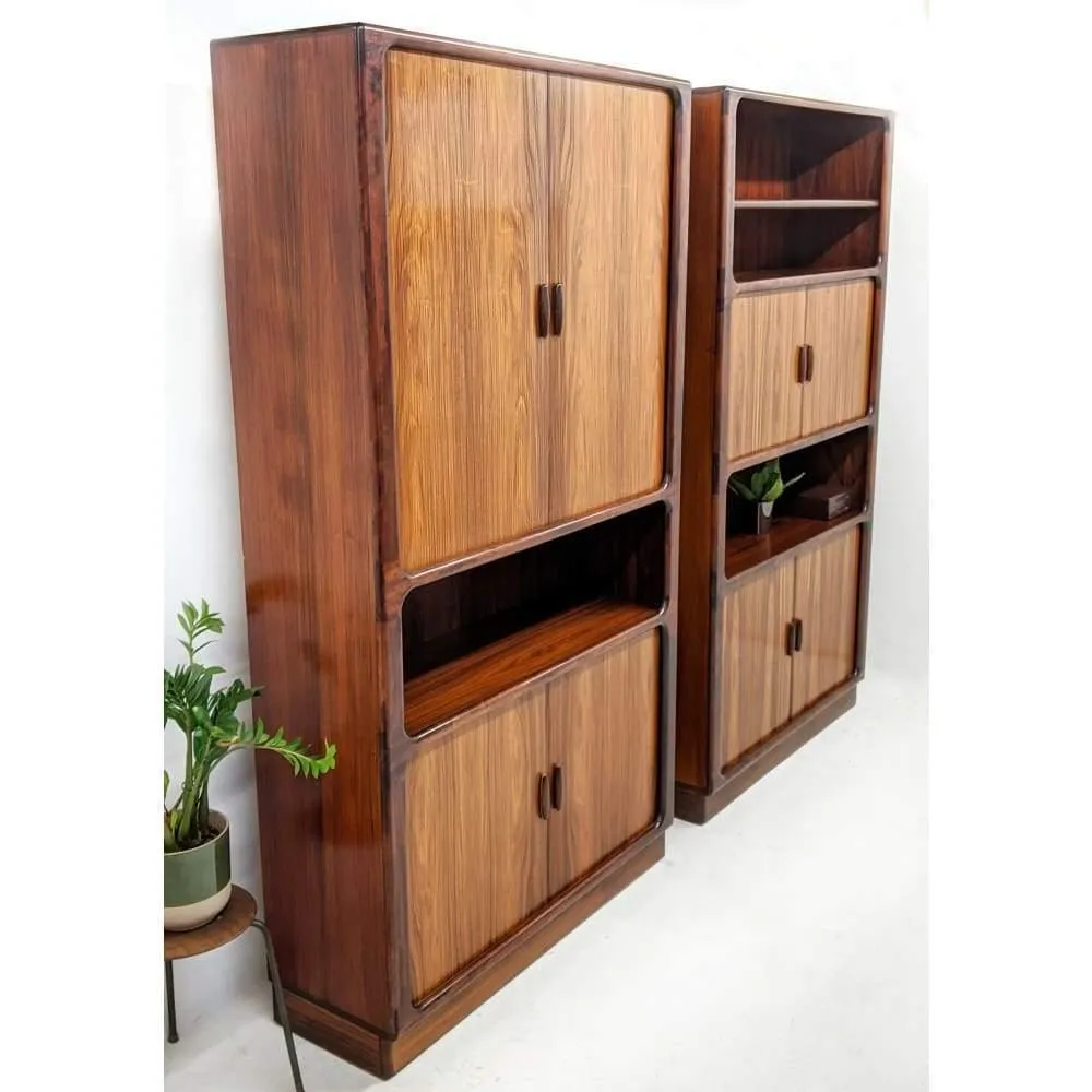 Pair Of Dyrlund Rosewood Wall Units With Teak Tambour Door Display Cabinet Bookcases. C.1960