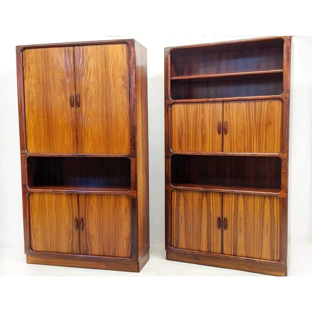Pair Of Dyrlund Rosewood Wall Units With Teak Tambour Door Display Cabinet Bookcases. C.1960