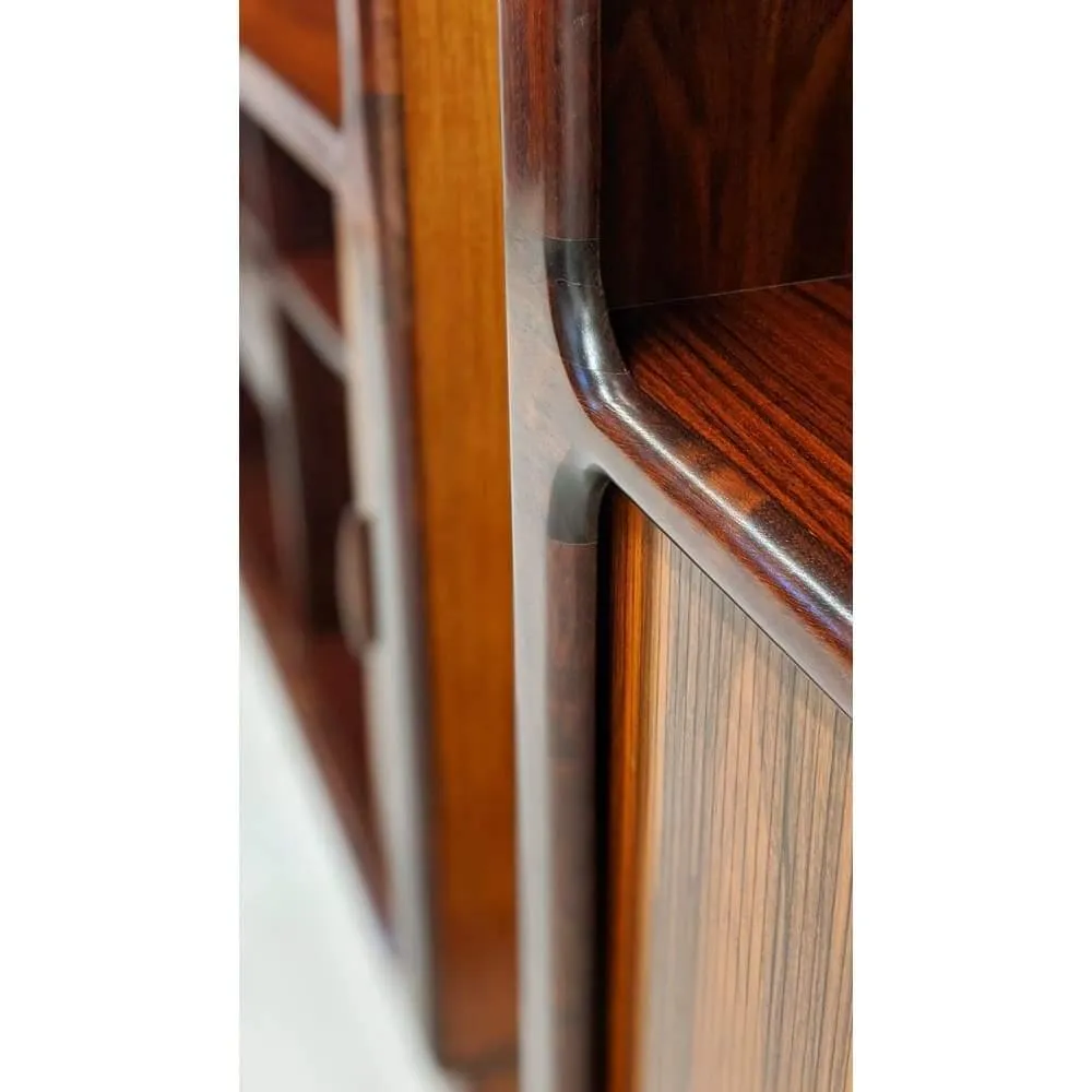 Pair Of Dyrlund Rosewood Wall Units With Teak Tambour Door Display Cabinet Bookcases. C.1960