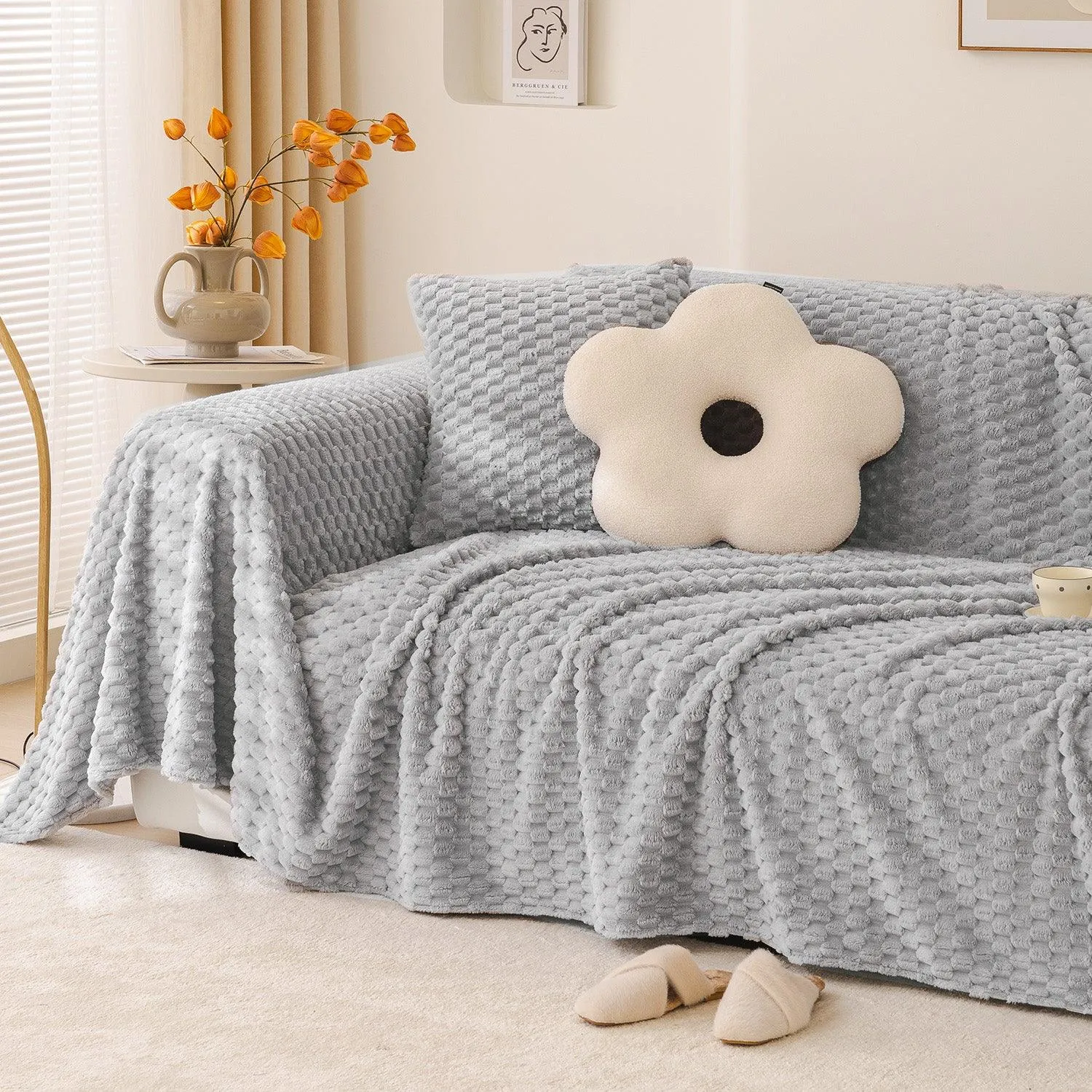 Premium Rabbit Plush Sofa Throw Blanket, Ice Grey