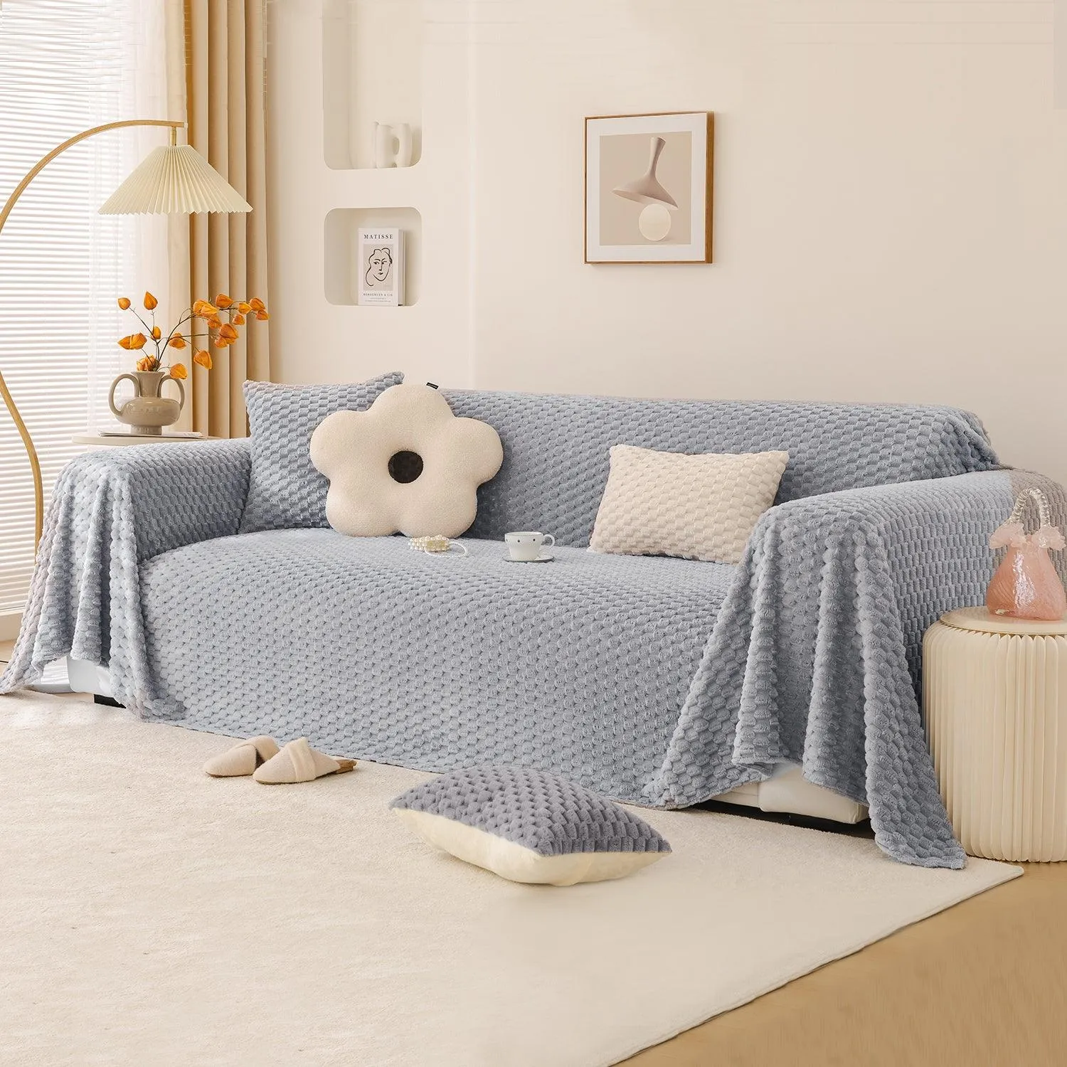 Premium Rabbit Plush Sofa Throw Blanket, Ice Grey