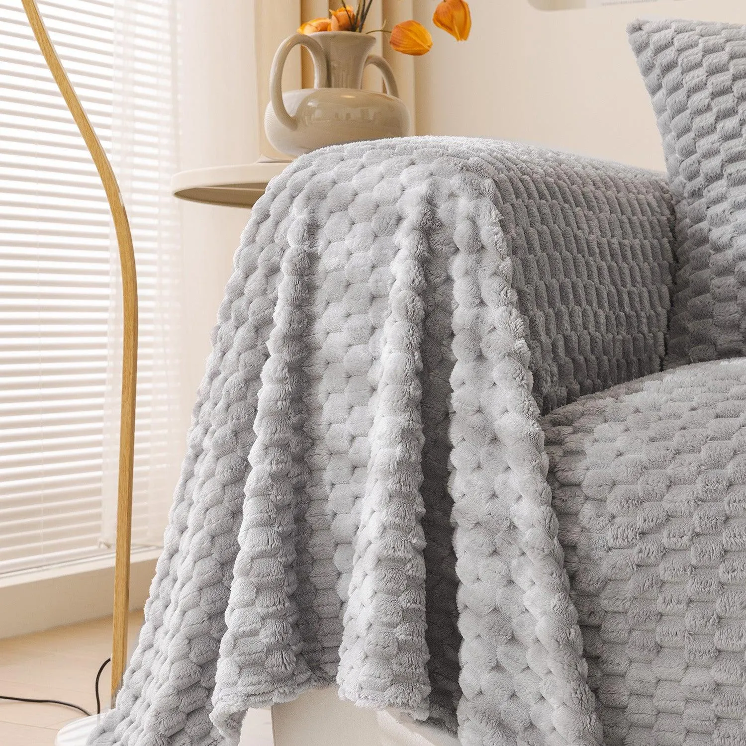 Premium Rabbit Plush Sofa Throw Blanket, Ice Grey