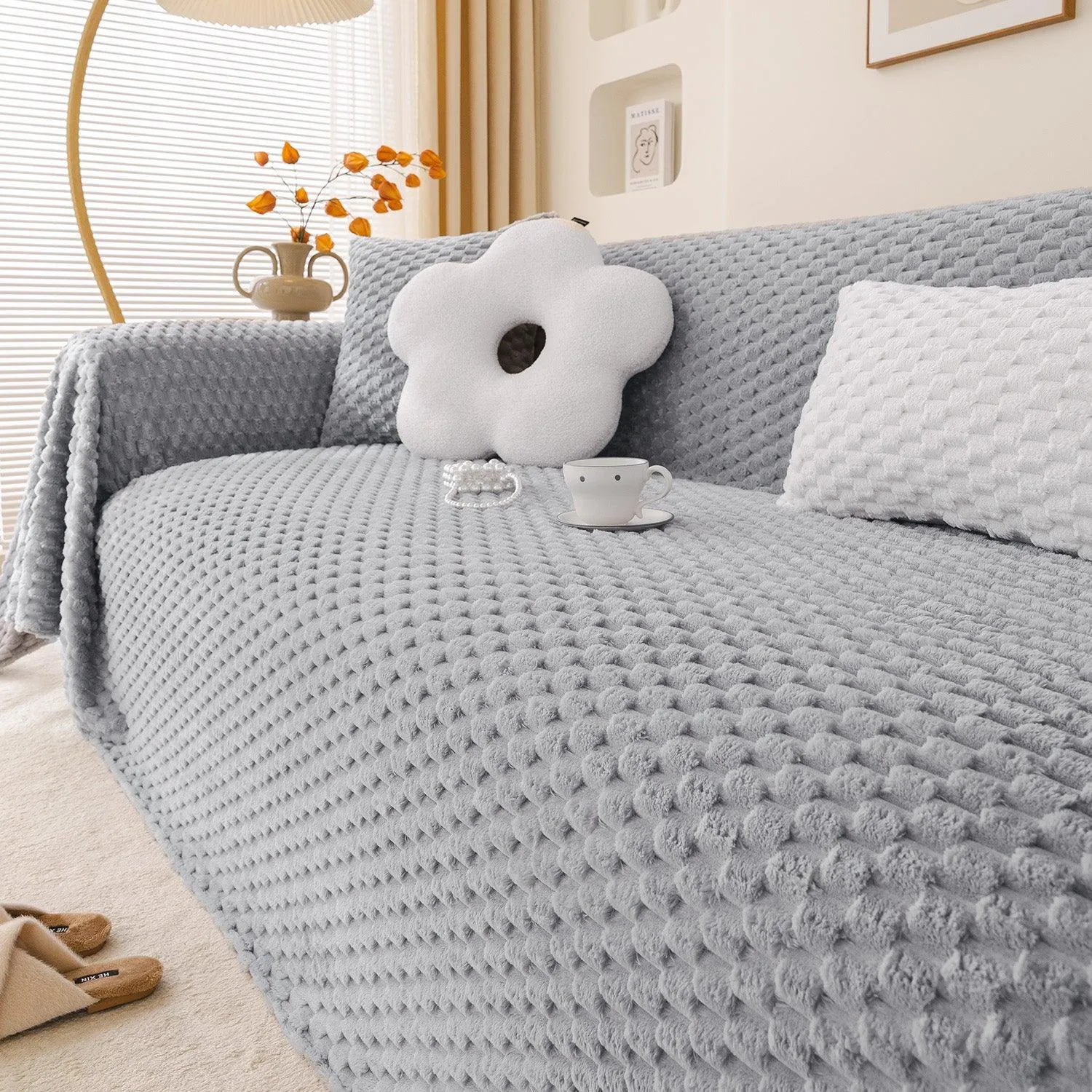 Premium Rabbit Plush Sofa Throw Blanket, Ice Grey