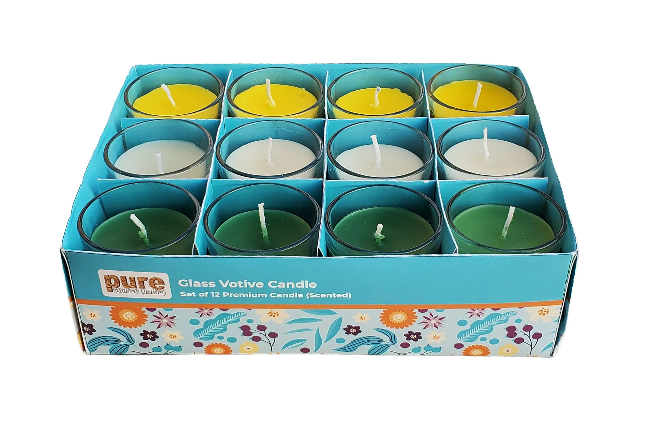 Pure Source India Votive Glass Candles, Pack of 12 (Scented - Jasmine, Lemon Grass & Sandalwood)