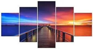 PYRADECOR SUNSET BRIDGE LARGE MODERN 5 PIECE GALLERY WRAPPED SEASCAPE ARTWORK GICLEE CANVAS PRINTS RED AND BLUE LANDSCAPE PICTURES PAINTINGS ON CANVAS WALL ART FOR HOME DECOR L
