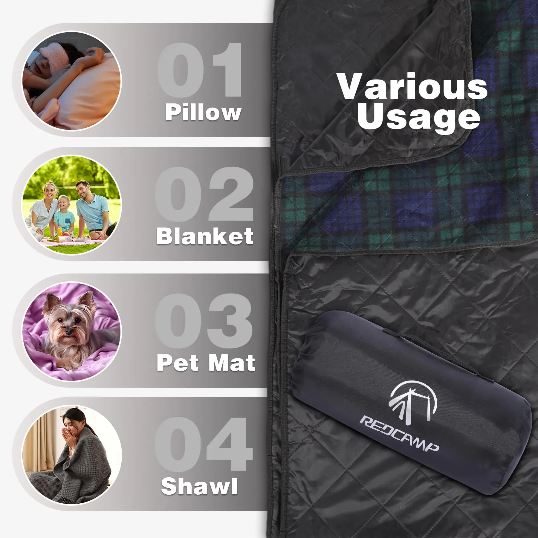 REDCAMP Extra Large Waterproof Stadium Blanket for Cold Weather, Soft Warm Fleece Camping Blanket Windproof for Outdoor Picnic Sports, 79”x 79” Green Grid