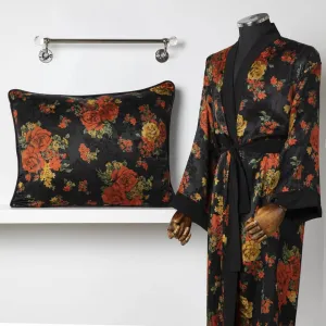 Silk Bathrobe - Red Gold Roses Bathrobe
