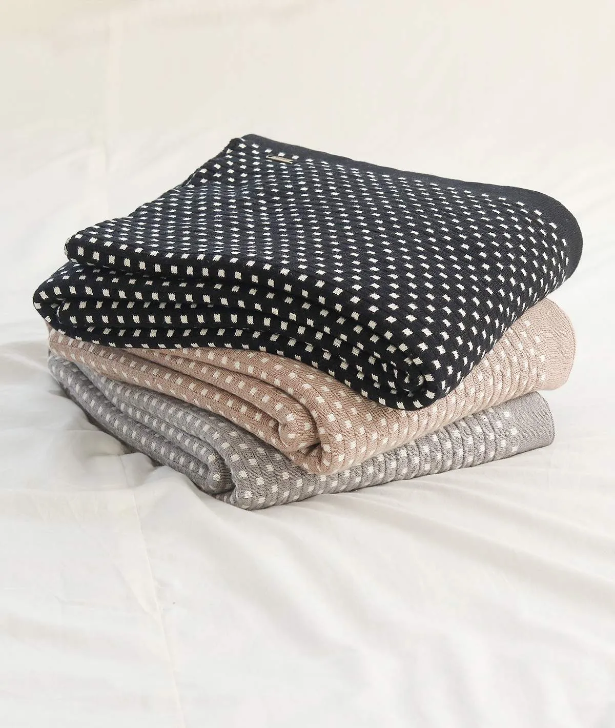 Tiny Check Cotton Knitted All Season AC Throw Blanket (Stone & Natural)
