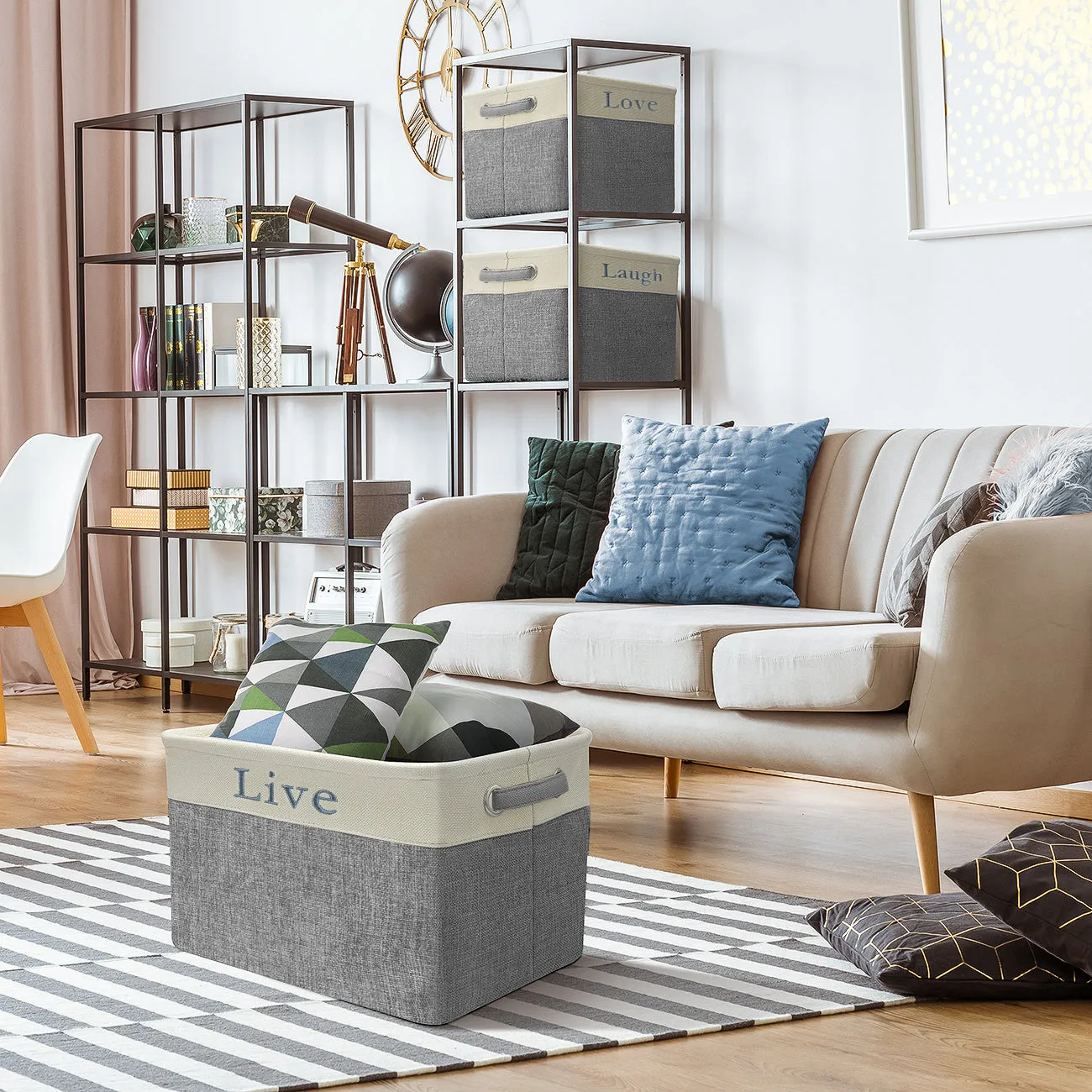 Twill Storage Basket Set - "Live, Love, Laugh" - (Lowercase Text)
