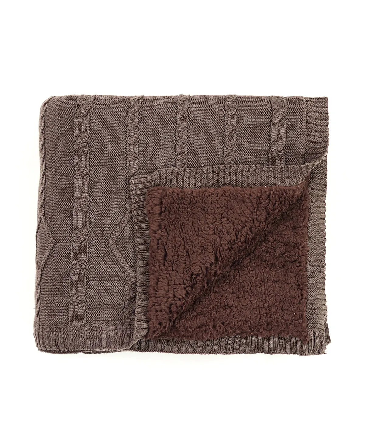 Twist Cable Cotton Knitted Throw Blanket With Warm Sherpa (Brown)
