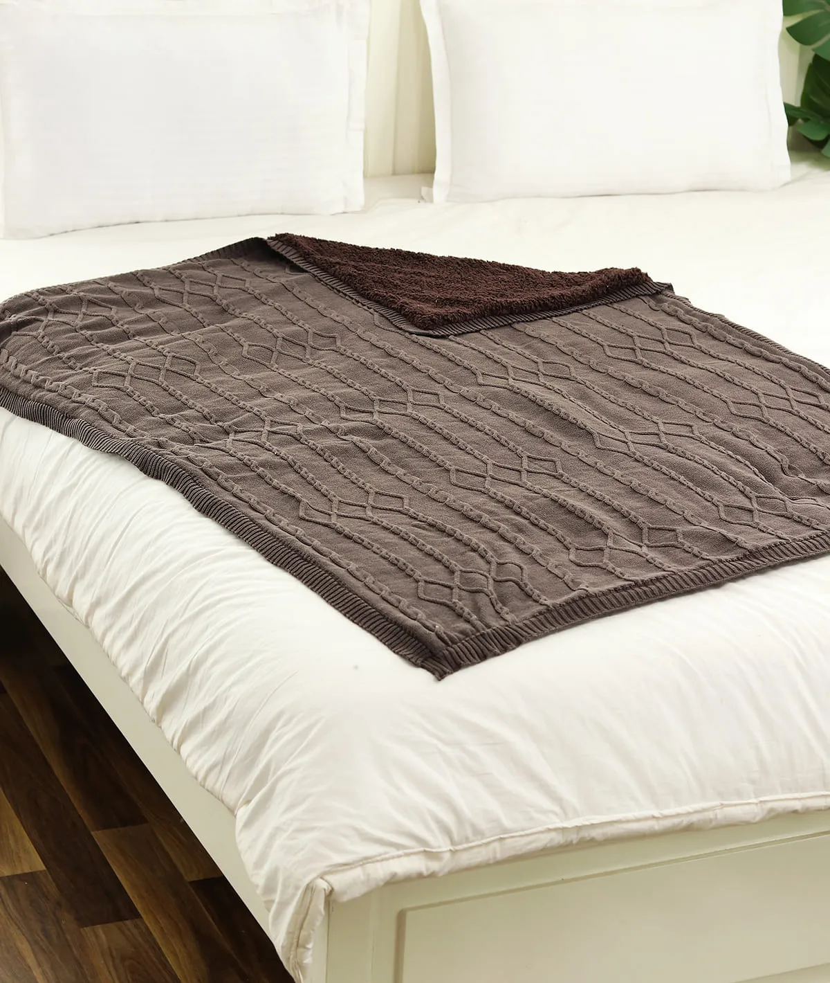 Twist Cable Cotton Knitted Throw Blanket With Warm Sherpa (Brown)