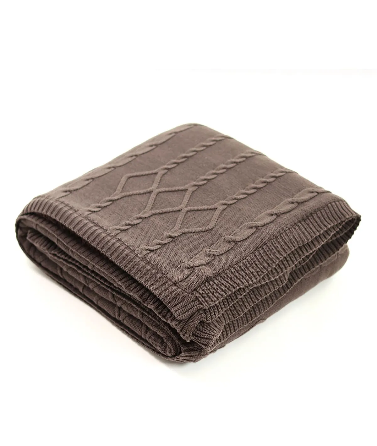 Twist Cable Cotton Knitted Throw Blanket With Warm Sherpa (Brown)